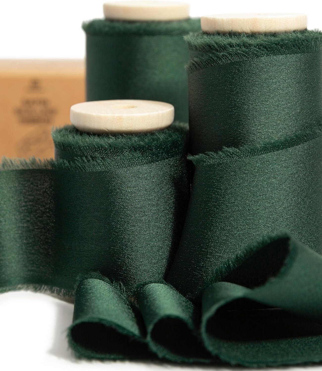 Vitalizart Dark Green Silky Satin Ribbon, 1.5'' x 15 Yard with Wooden Spool, Handmade Fringe Chiffon Ribbons for Gift Wrapping, Festive Decoration,
