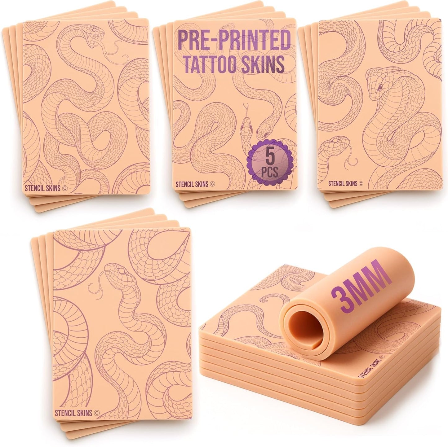 Stencil Skins Pre Printed Tattoo Practice Skin Set 5 Serpentine Designs, 3mm Silicone Fake Skin Pad, Practice Line Work, Shading & Colour for