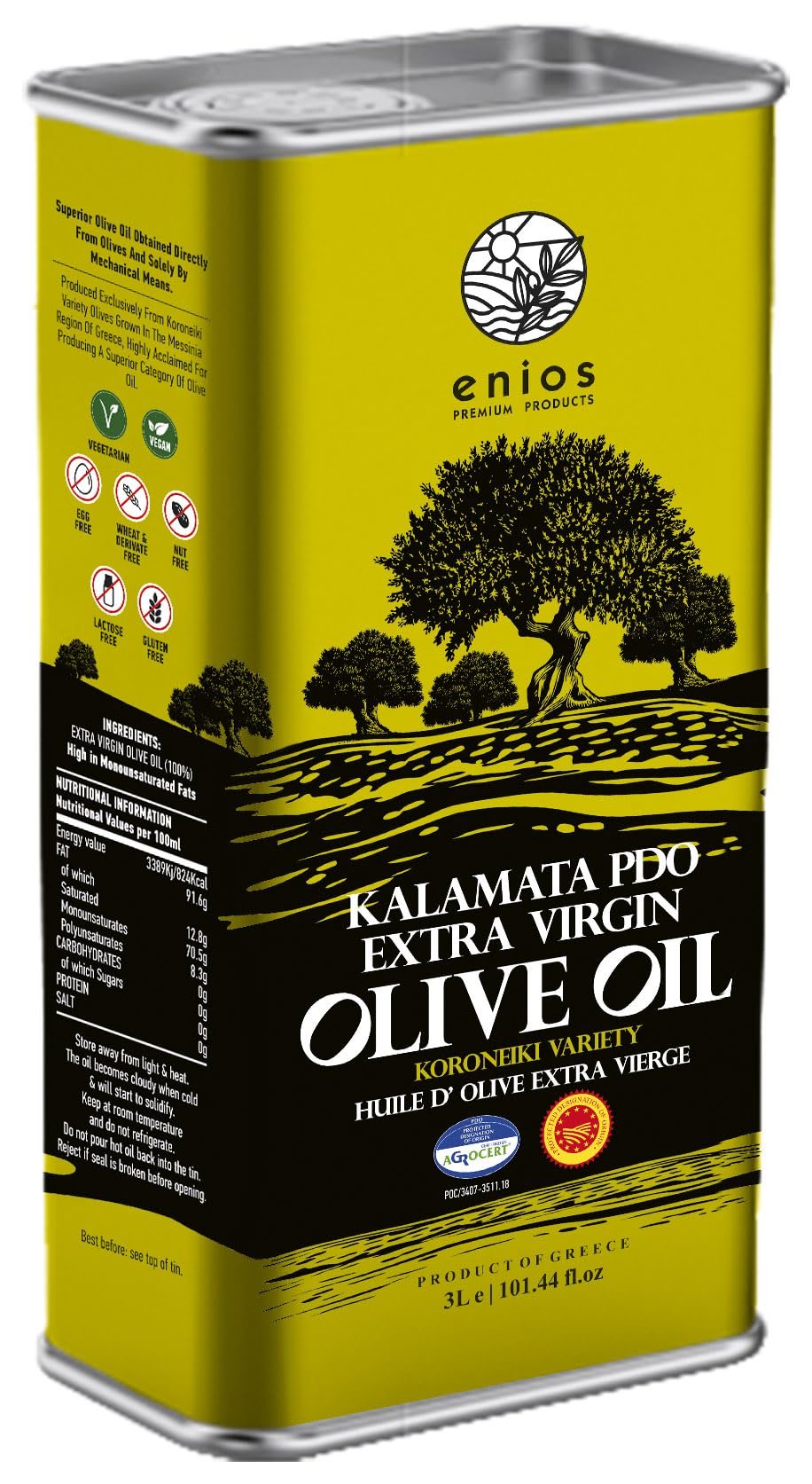 Enios Premium Greek PDO Kalamata Extra Virgin Olive Oil 3L. Harvest 2025/2026. First Cold Pressed. Low Acidity <0.3. Rich in Polyphenols. Best Before