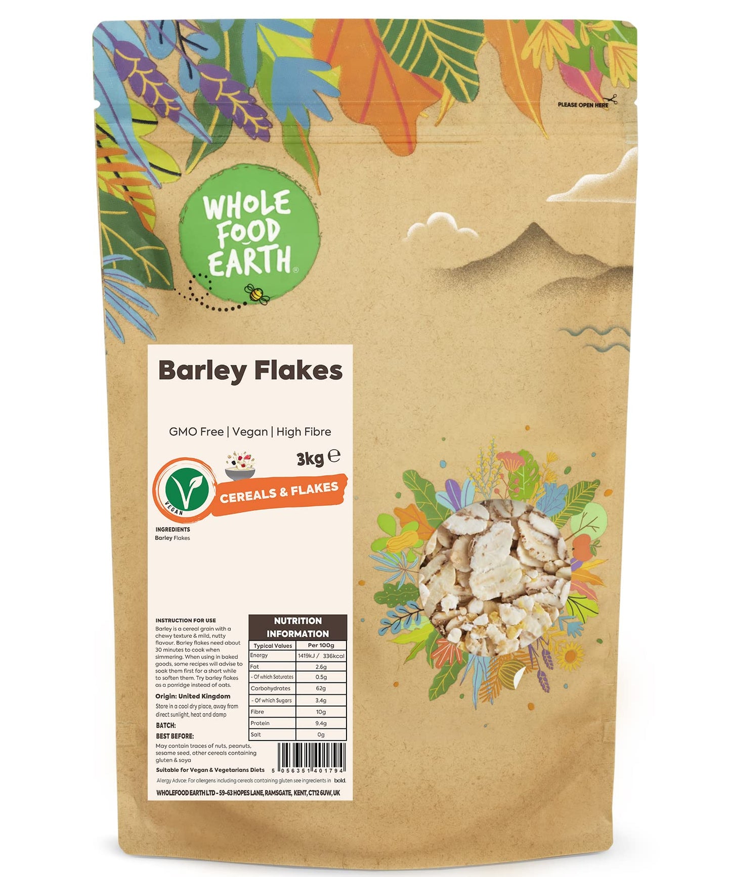 Wholefood Earth Barley Flakes 3 kg | GMO Free | High Fibre