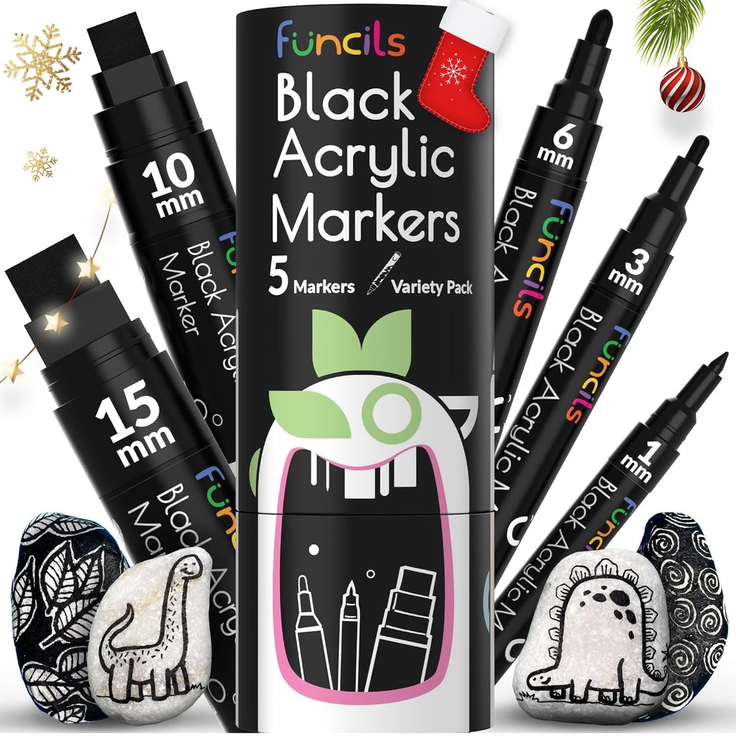 Funcils 5 Acrylic Black Paint Pen - Fine Tip, Thin Point & Jumbo Pens (1mm, 3mm, 6mm, 10mm, 15mm) - Black Paint Marker for Plastic, Canvas, Wood, Rock