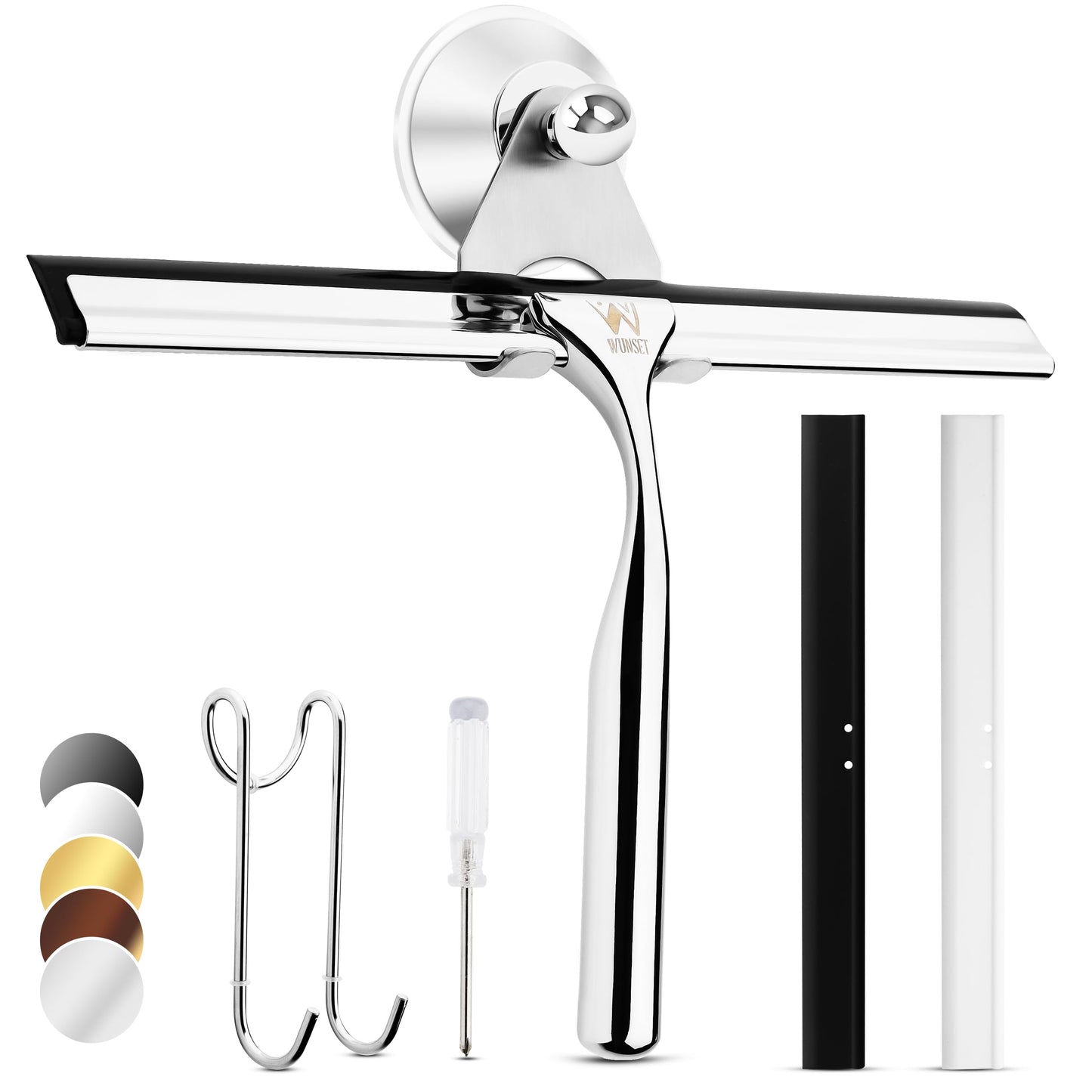 Wunset 25 cm Shower Squeegee, Large Silver Window Squeegee - 6 Pieces Set Including 2 Replacement Silicone Lips, Squeegee Shower Cleaner for Shower