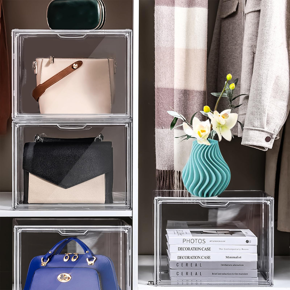LINYAPRY 4 Packs Clear Plastic Handbag Storage, Acrylic Display Case for Purse and Handbag, Stackable Storage Boxes Bag Organizer with Magnetic Door