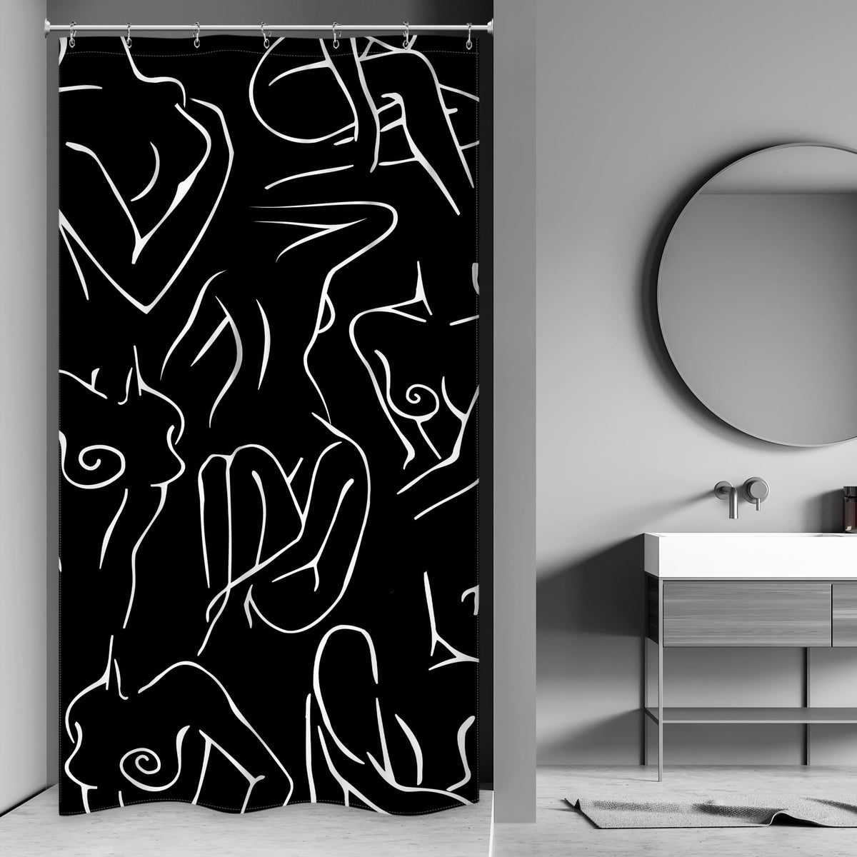 Riyidecor Small Stall Abstract Woman Shower Curtain for Bathroom Decor 36Wx72H Minimalist Modern Black White Art Line Aesthetic Simple Girl Art