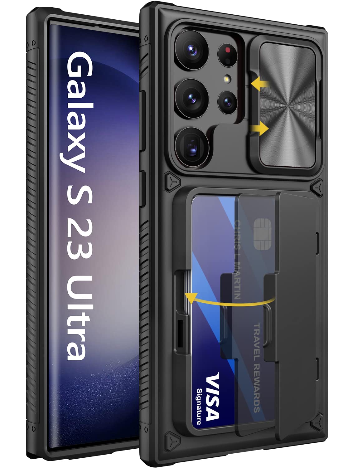 Vihibii for Samsung Galaxy S23 Ultra Case with Card Holder (4 Cards) & Sliding Camera Cover & Kickstand, Shockproof Rugged Hard Back & TPU Edge Wallet