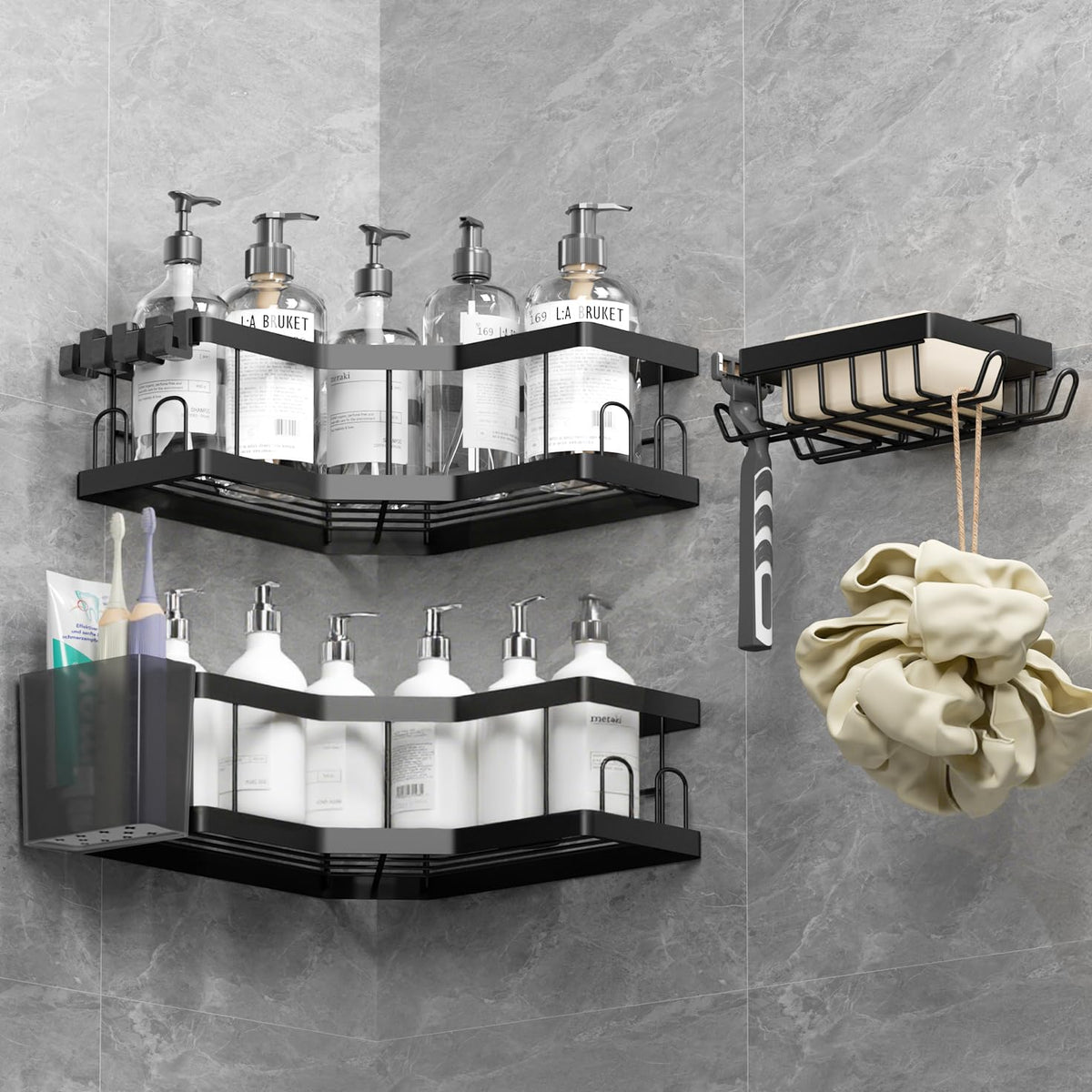 Shower Caddy, 4 Pack Black Bathroom Shelves, Adhesive Shelf Storage No Drilling, Carbon Steel Shower Organiser, Rust-Resistant Caddy Corner, Soap
