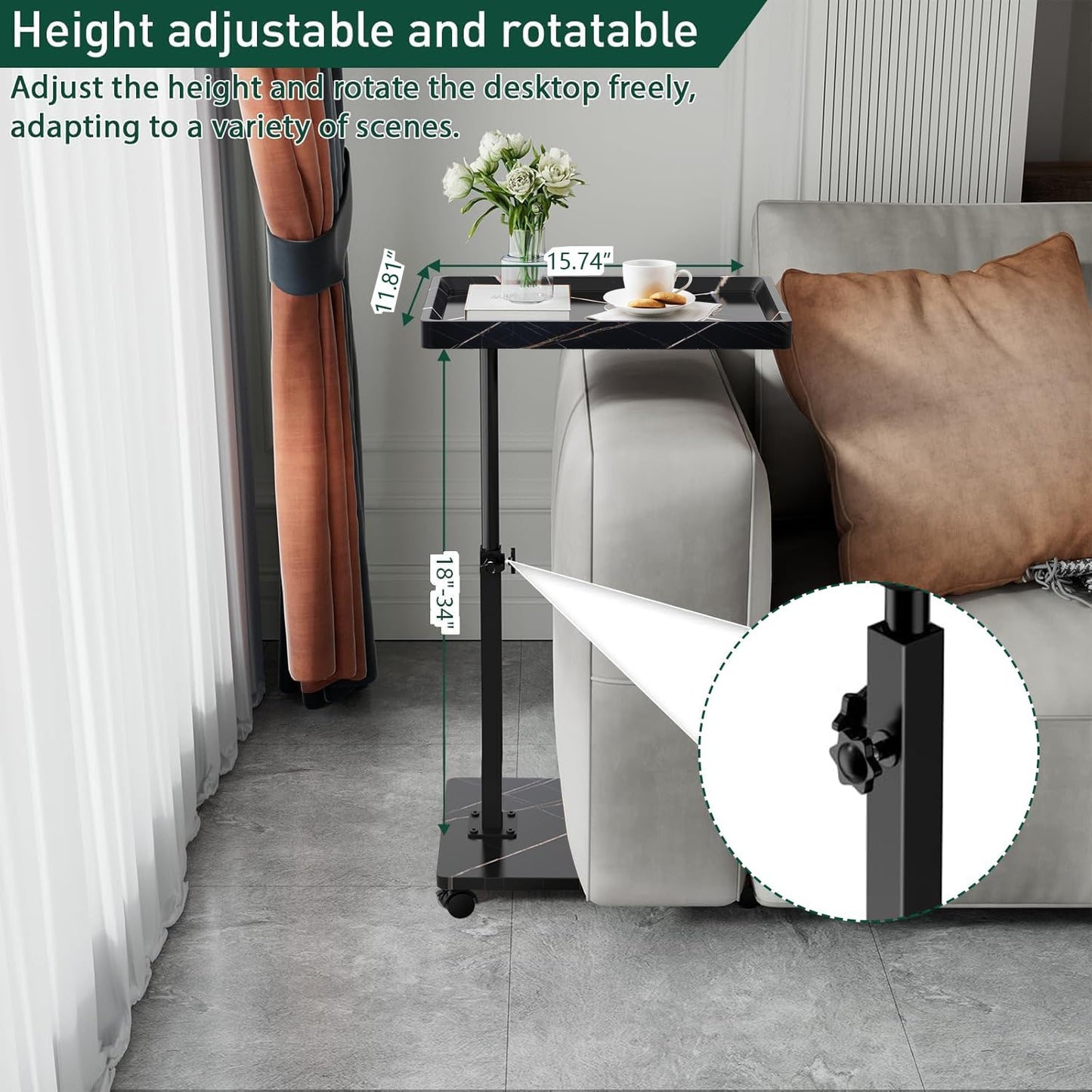 Kiss Me C Shaped Side Table Height Adjustable 360° Swivel End Table