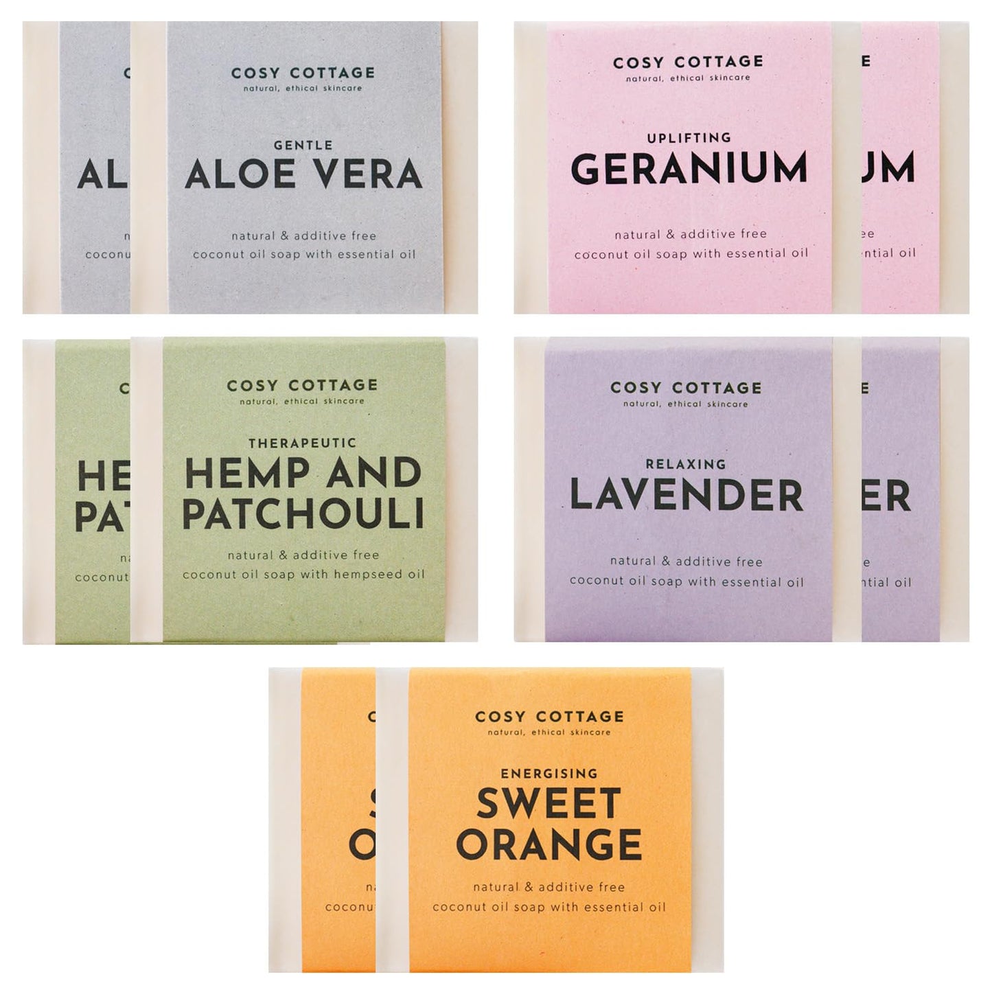 Cosy Cottage Natural Soap Bar Bundle | 5 x 110g | Handmade Vegan Soap Bars | Sweet Orange, Lavender, Geranium & Orange, Hemp & Patchouli, Aloe Vera |
