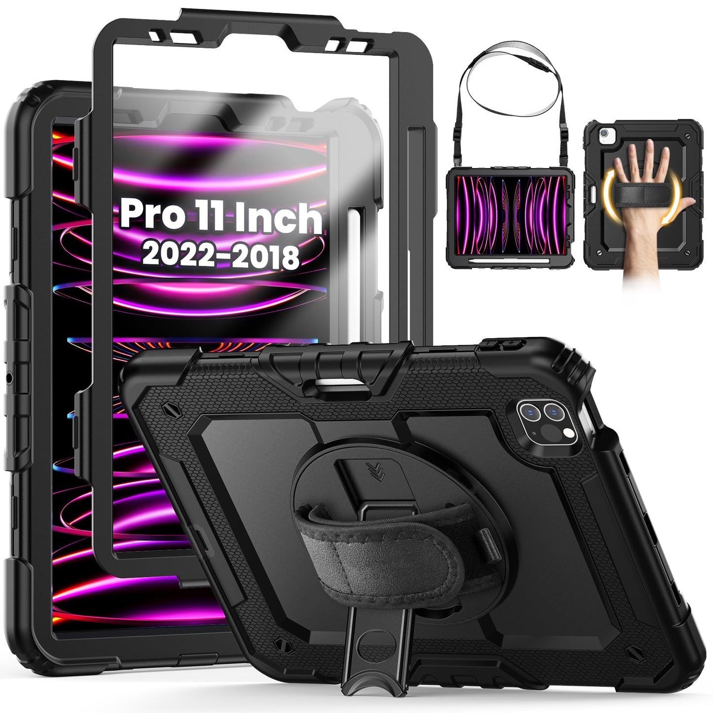 SEYMCY Case for iPad Pro 11 Inch 2022/2021/2020/2018 (NOT Fit 2024 Released Version), Full-body Shockproof with Rotating Stand & Hand Strap, Screen