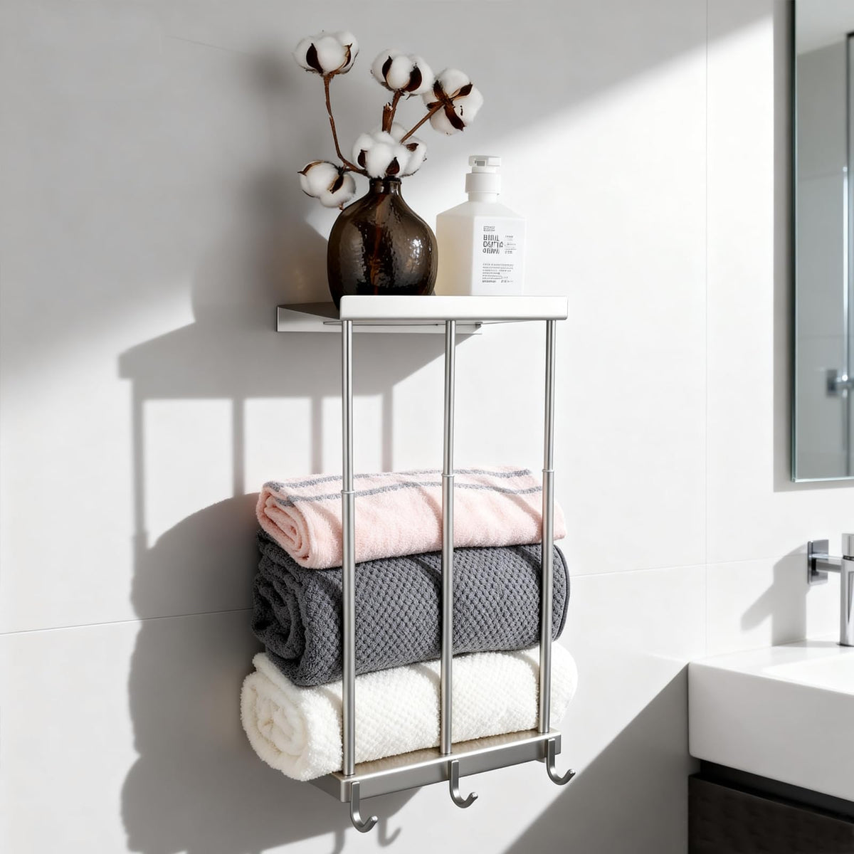 Womamny Towel Rail Wall Mounted, Towel Holders for Bathroom, Telescopic Towel Rack 37-65 cm with Bathroom Shelf and 3 Towel Hooks, Stainless Steel