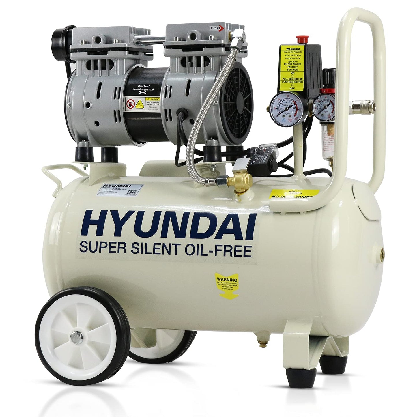 Hyundai HY7524 24 Litre Air Compressor, 5.2cfm/100psi, Silenced, Oil Free, 750w / 230v Direct Drive, 150 litres Per Minute Low Noise Air Compressor, 2