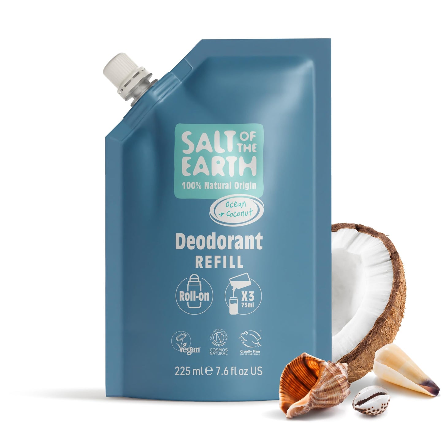 Salt of the Earth - Natural Deodorant Roll On Refill Pouch, x3 Uses - Ocean & Coconut - Vegan, Long Lasting Protection, Leaping Bunny Approved, Made