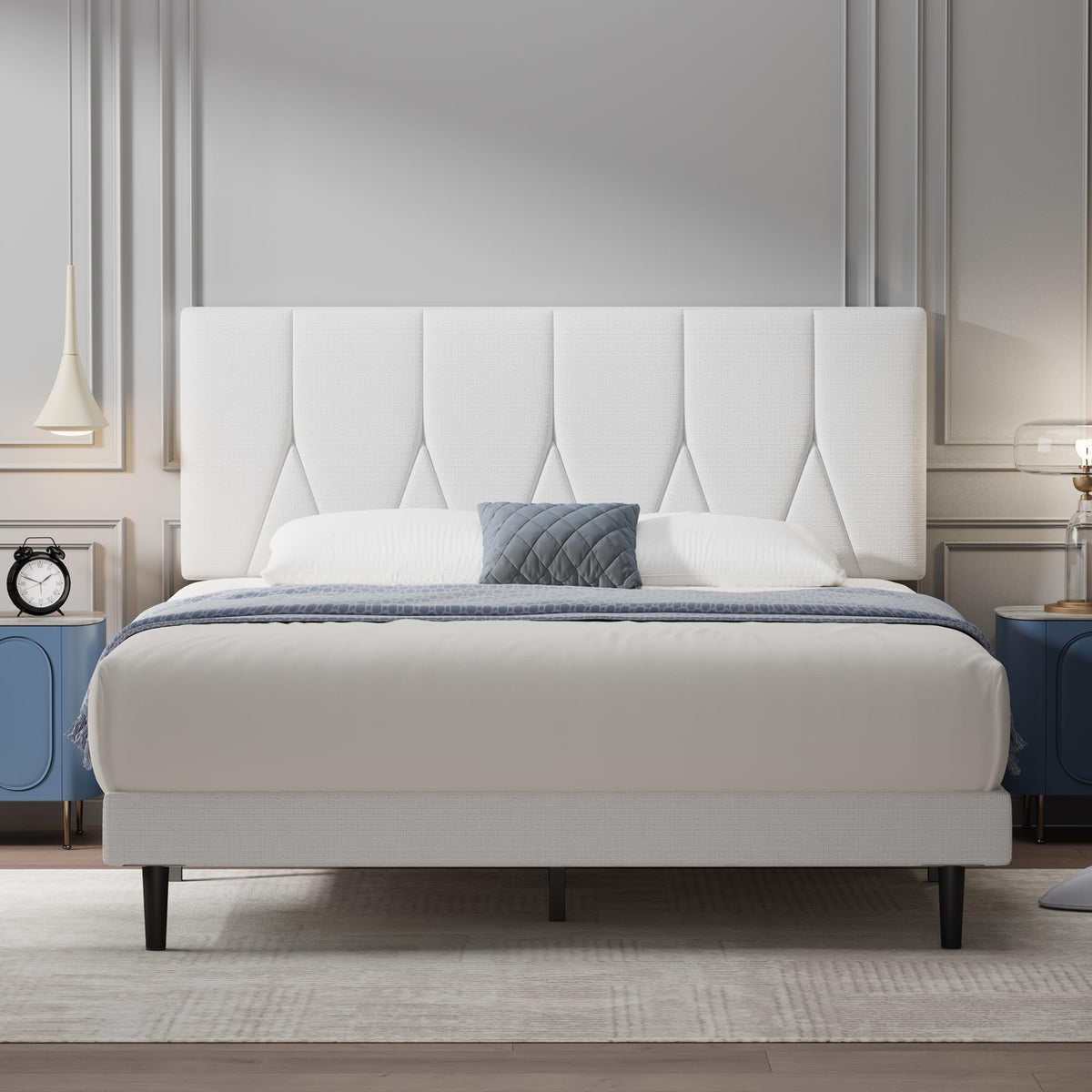 Yocreat Double Bed Frame, White, Upholstered Wooden Slat Bed Frame with Headboard, Easy Assembly, Underbed Storage, No Box Spring Needed 135?190