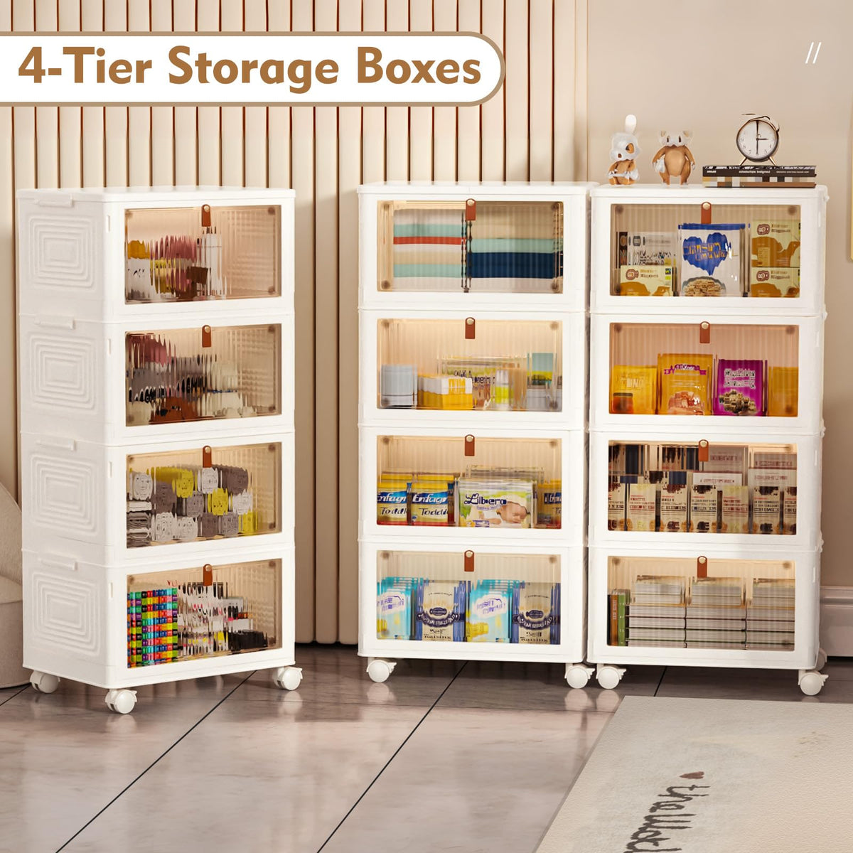 TidyTrove Storage Boxes with Lid, Plastic Storage Boxes with 1 Lid 23L/Tier, 4-Tier Stackable Bins with Wheels, Folding StorageBins, Storage Organizer