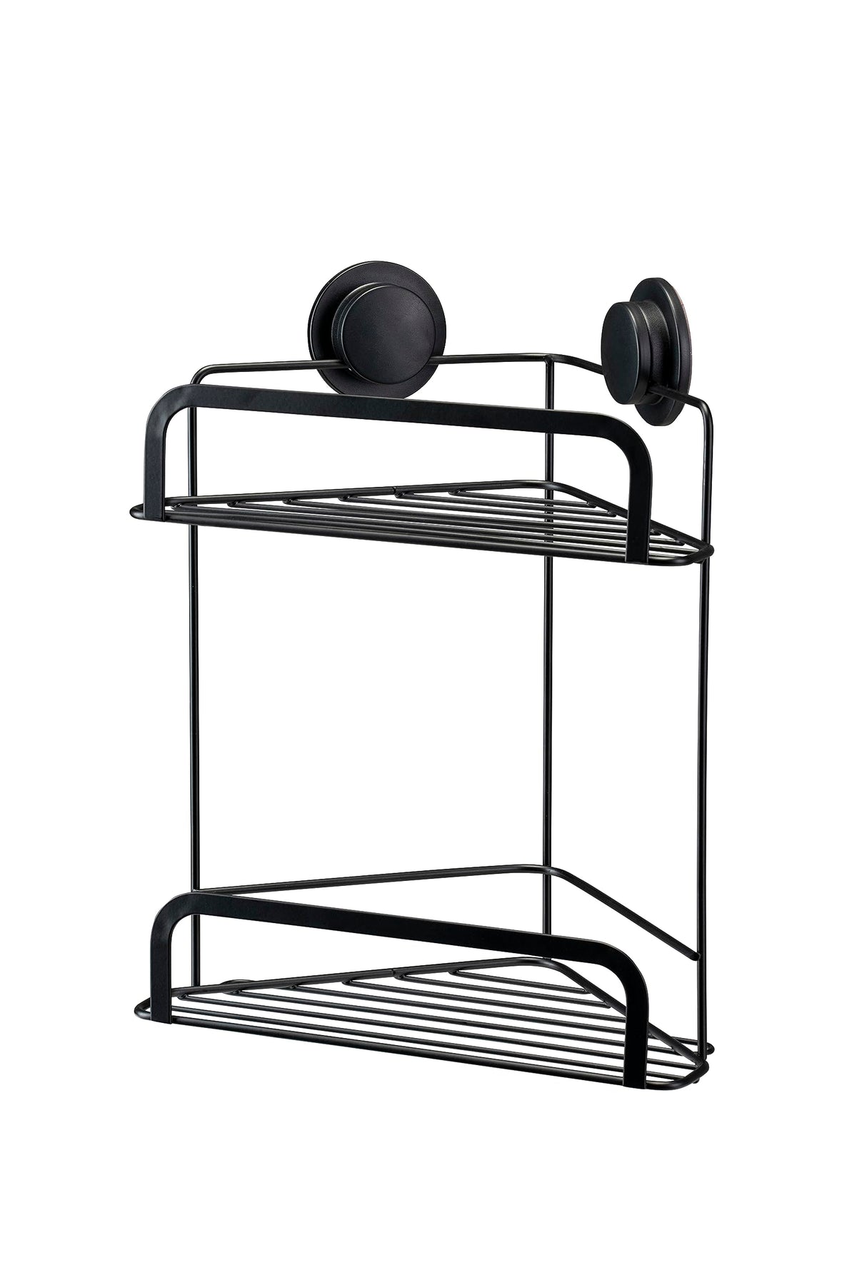 Croydex Stick 'N' Lock Two Tier Black Shower Caddy - Corner Shower Shelf No Drilling Bathroom Storage Solution with Sticky Pad Easy-Clean 5 Year