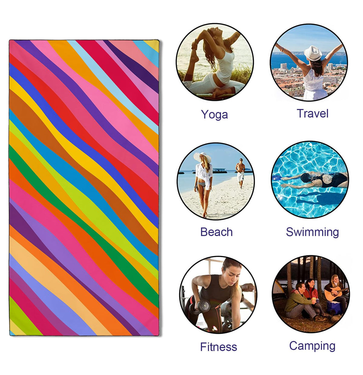 YISUMEI Colorful Rainbow Ripples Beach Towels for Adults Extra Large 180x90cm, Microfibre Quick Dry Towel for Travel Swimming Camping Sports