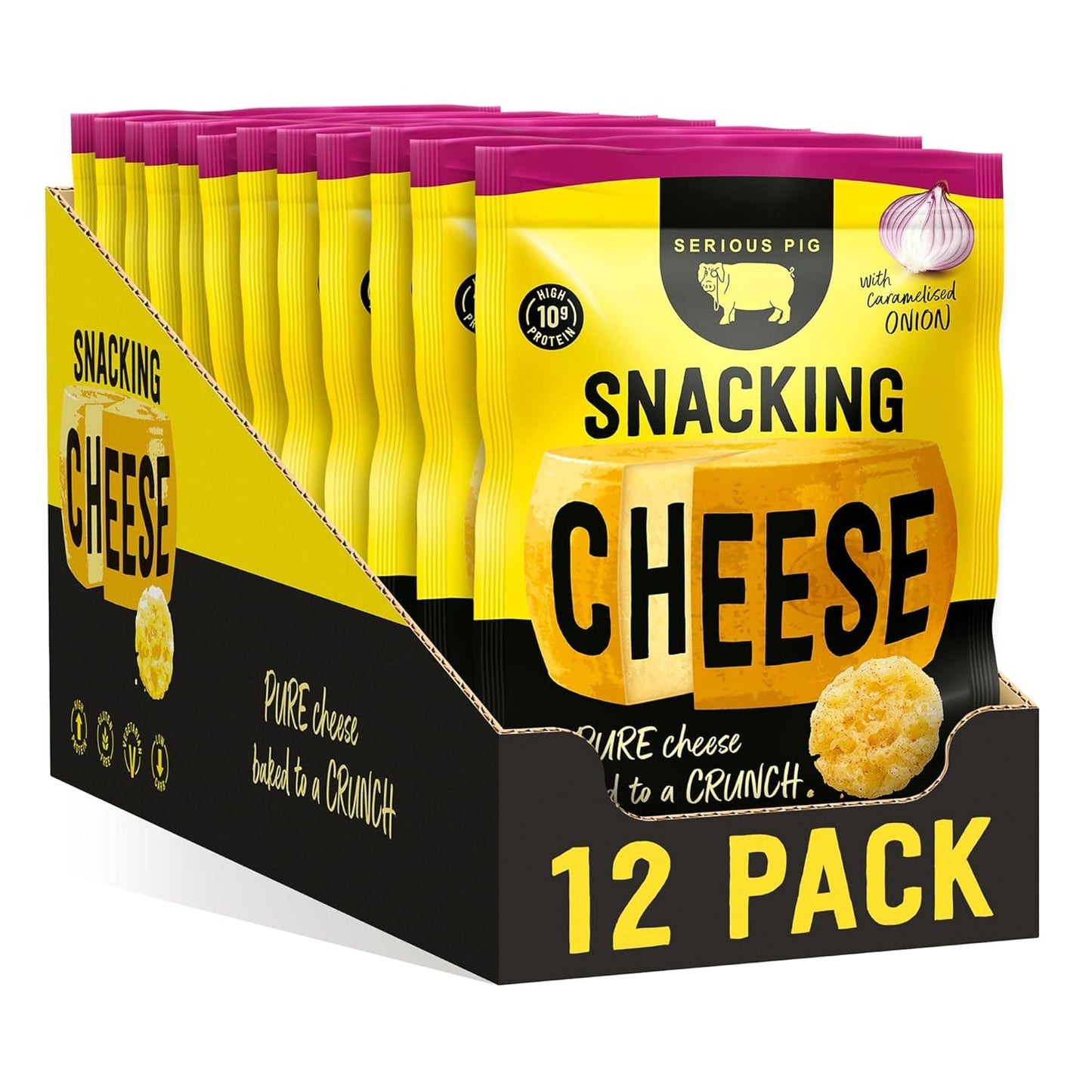 Serious Pig Snacking Cheese Caramelised Onion Flavour - Pure Cheese Crisps High Protein Low Carb (12 x 24g)
