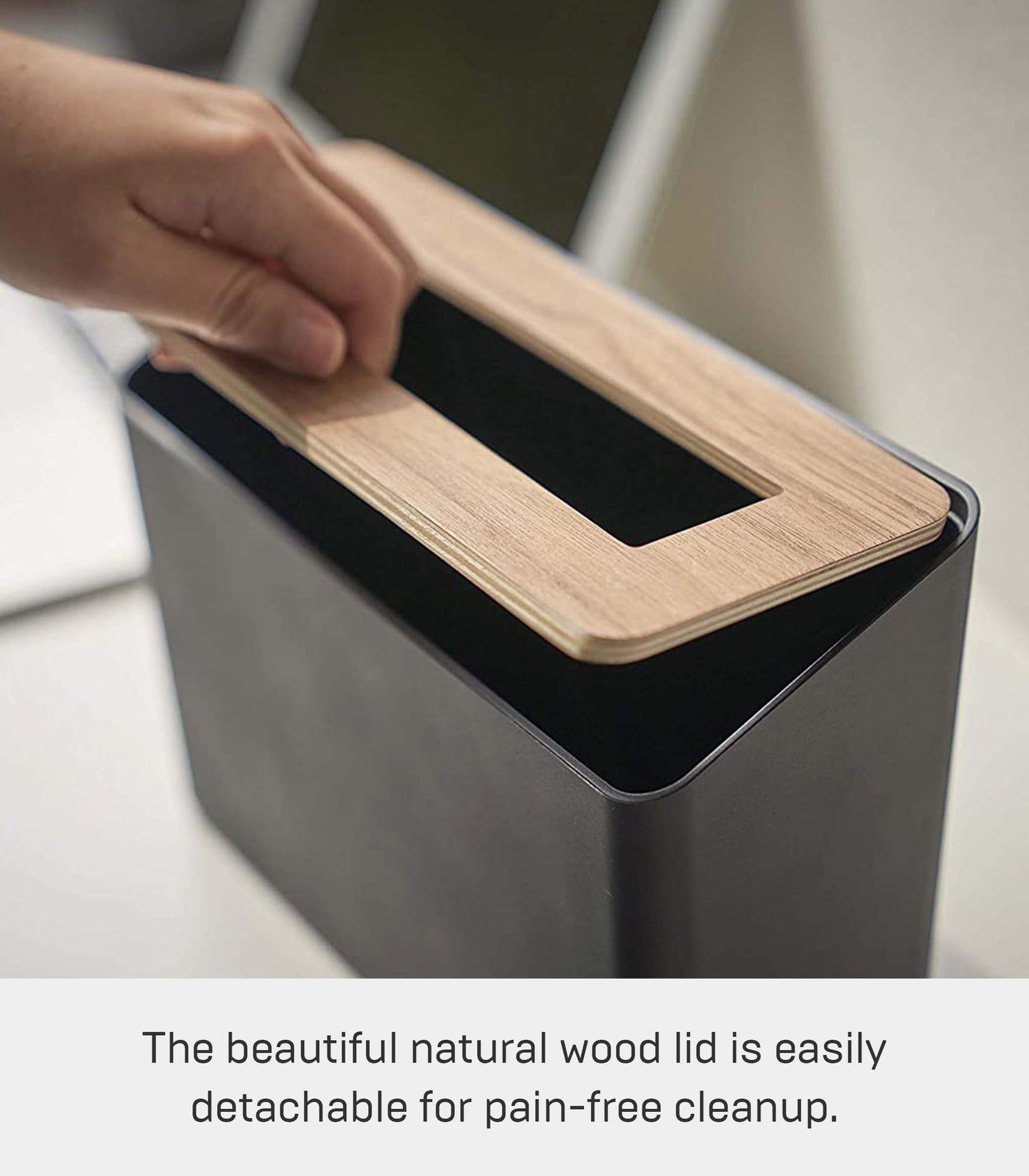 YAMAZAKI 5230 RIN Table Trash Can, black, ABS Resin/Wood, Minimalist, 22 x 9 x 15.5 cm