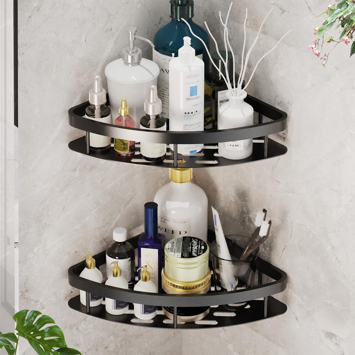 JUVEL Shower Shelf No Drilling Corner - Pack of 2 Self-Adhesive Matte Finish Shower Shelf Rust Protection Shower Shelf and Shampoo Holder for Shower,