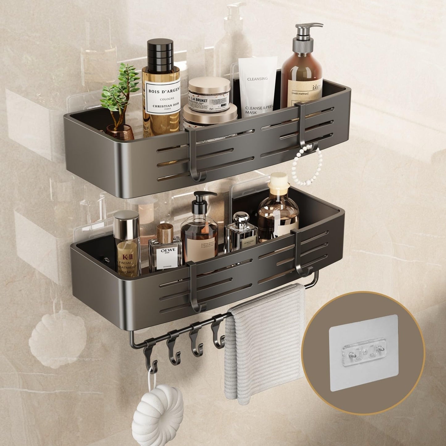 Voldra Shower Caddy No Drilling, Adhesive Bathroom Shelves Shower Storage Wall Mounted Stick On Bathroom Caddy Shower Organiser Rack With 8 Removable