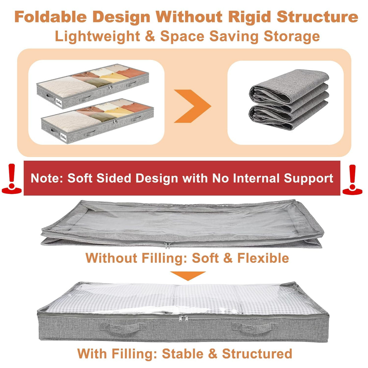 10cm Tall 2 Pack Underbed Storage Bags, Low Profile Under bed Storage Box with lid, Foldable Clothes Storage Bags with Sturdy Zip, PVC Window
