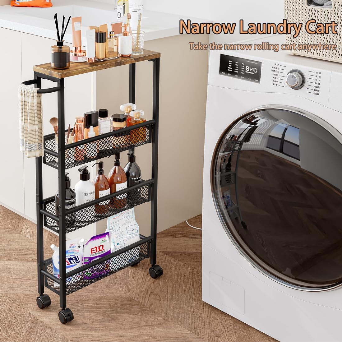 Dazioter Slim Rolling Cart 4 Tier Narrow Storage Cart on Wheels with MDF Board Top and Metal Handle for Small Space Kitchen Living Room Home Office