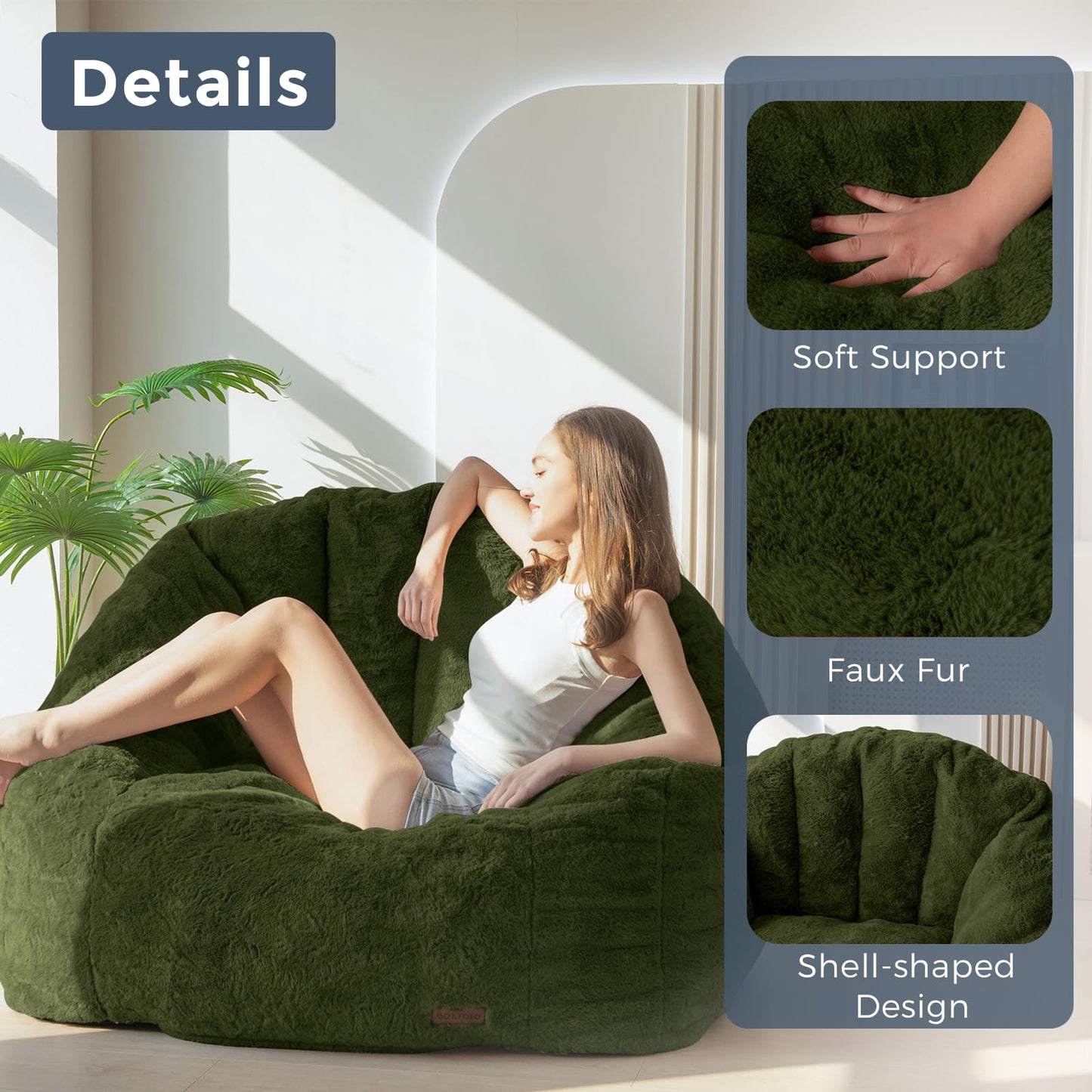 MAXYOYO Giant Bean Bag Chair,Faux Fur Shell Shaped Bean Bag Sofa with Filler,Soft Beanbag Sofa Giant Size for Living Room Bedroom