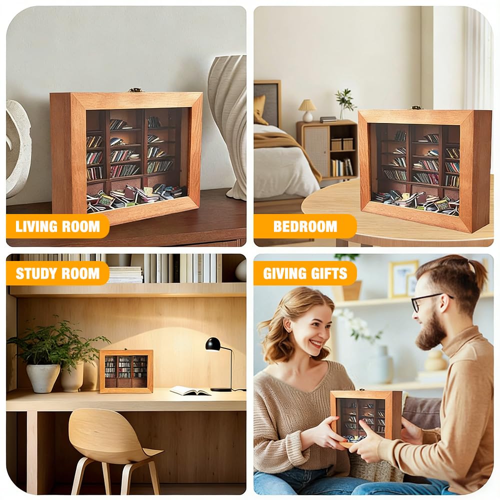 HIULLEN Anxiety Bookshelf Shake Away Your Anxiety, Anxiety Mini Bookshelf, Miniature Book Display Shelf With 300Pcs Mini Books