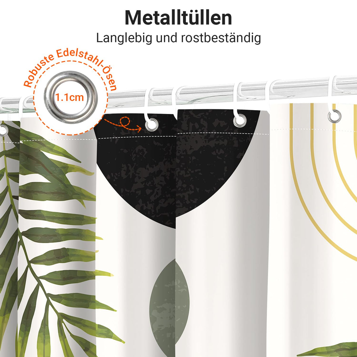 Shower Curtain, 180 x 200 cm, Black Leaves Line, Weighted Hem, Anti-Mould Textile, Water-Repellent