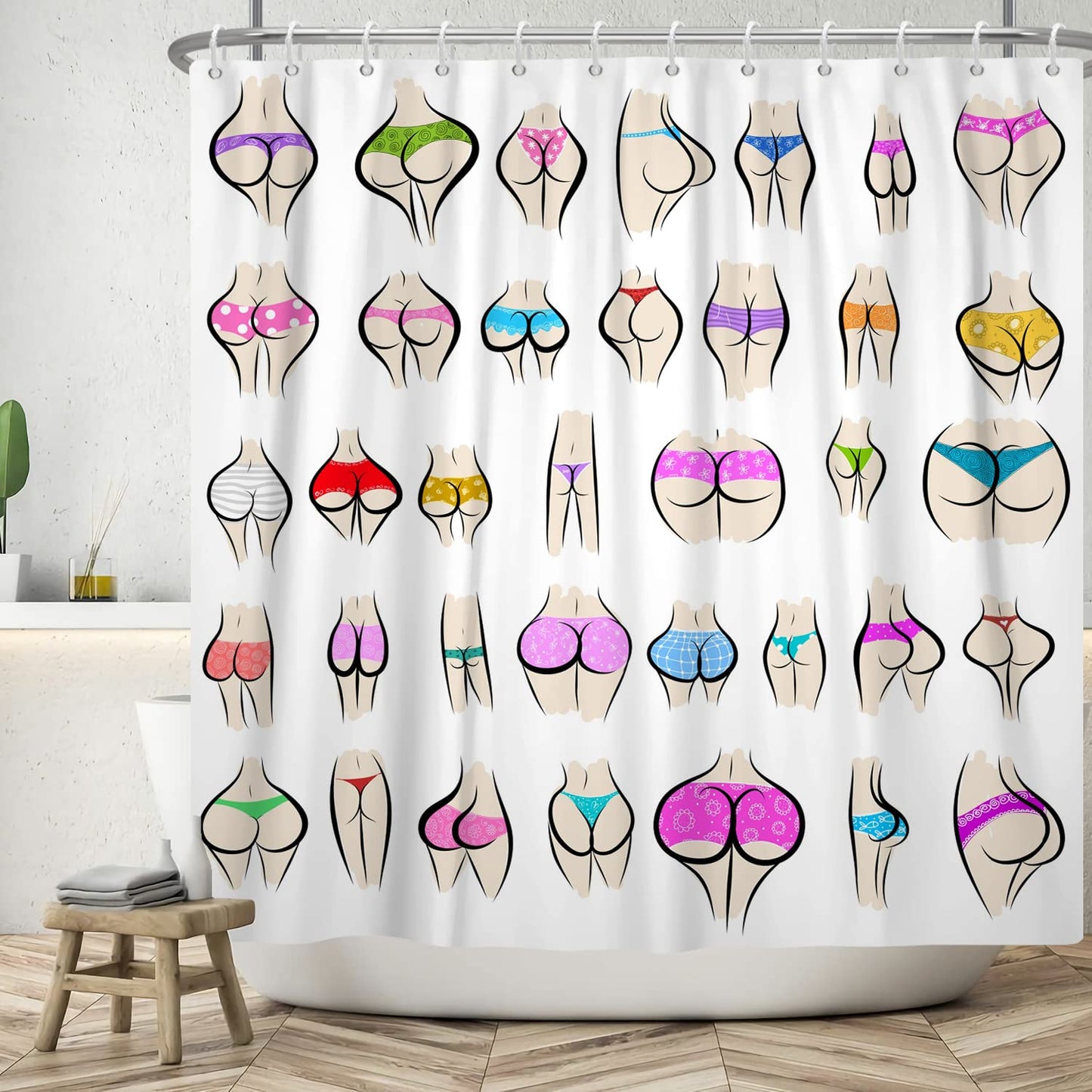 ASDCXZ Funny Shower Curtain 180x200 cm, Funny Colorful Butt Curve Pattern White Bath Washable Shower Curtains Polyester Textile Waterproof Bath