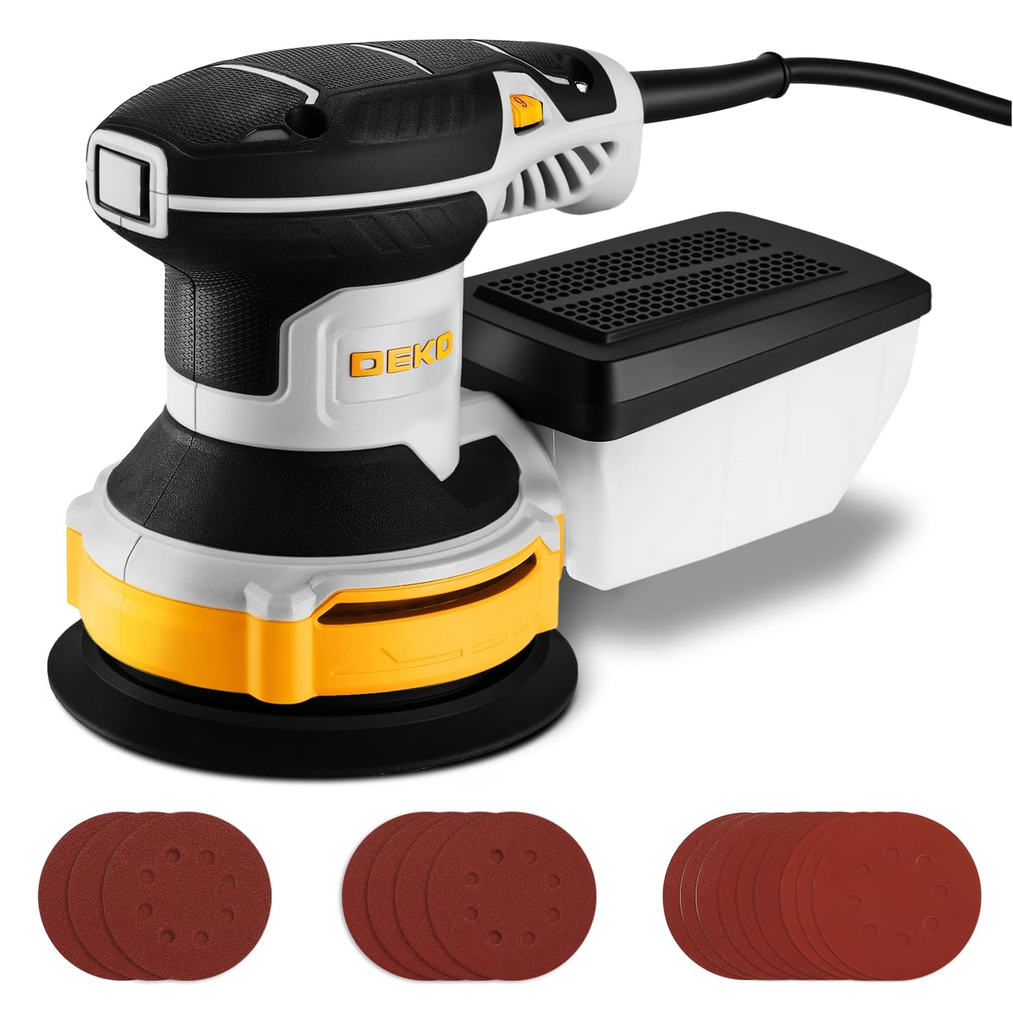 DEKOPRO Random Orbit Sander 300W with 16Pcs Sandpapers, 6 Variable Speed 14000RPM, 125MM Hand Electric Tool, Dust Removal Function, Fit for