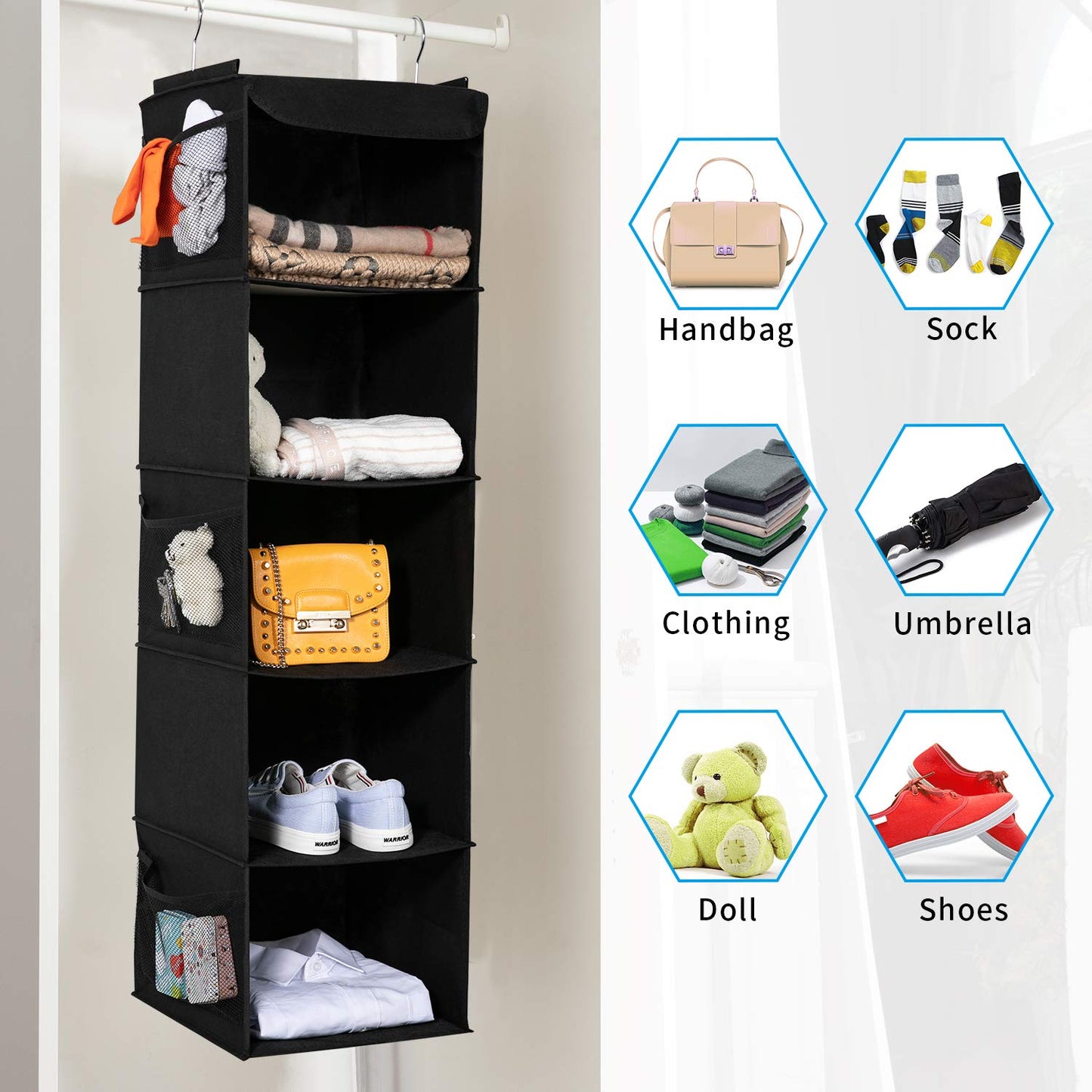 BrilliantJo Hanging Wardrobe Storage with 5 Shelves Heavy Duty Organiser Storage Unit with 6 Pockets Pockets for Sweaters, Shoes, Accessories