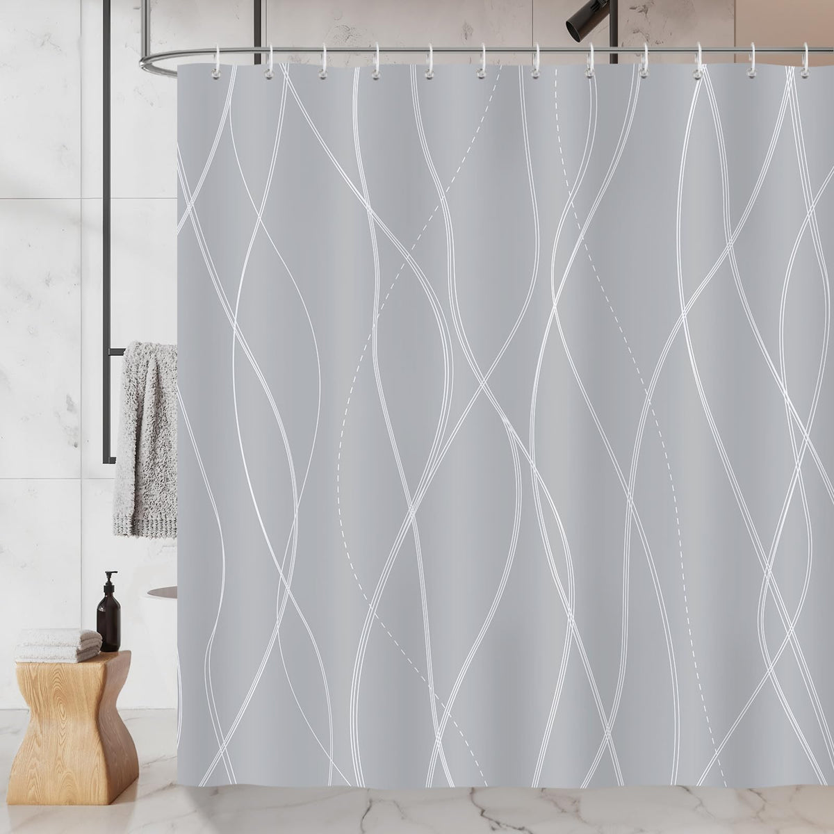 COZZSNUGE Modern Stripes Shower Curtain, White and Grey Striped Bathroom Curtain 183 x 183 cm, Water Repellent Mildew Resistant Polyester with 12