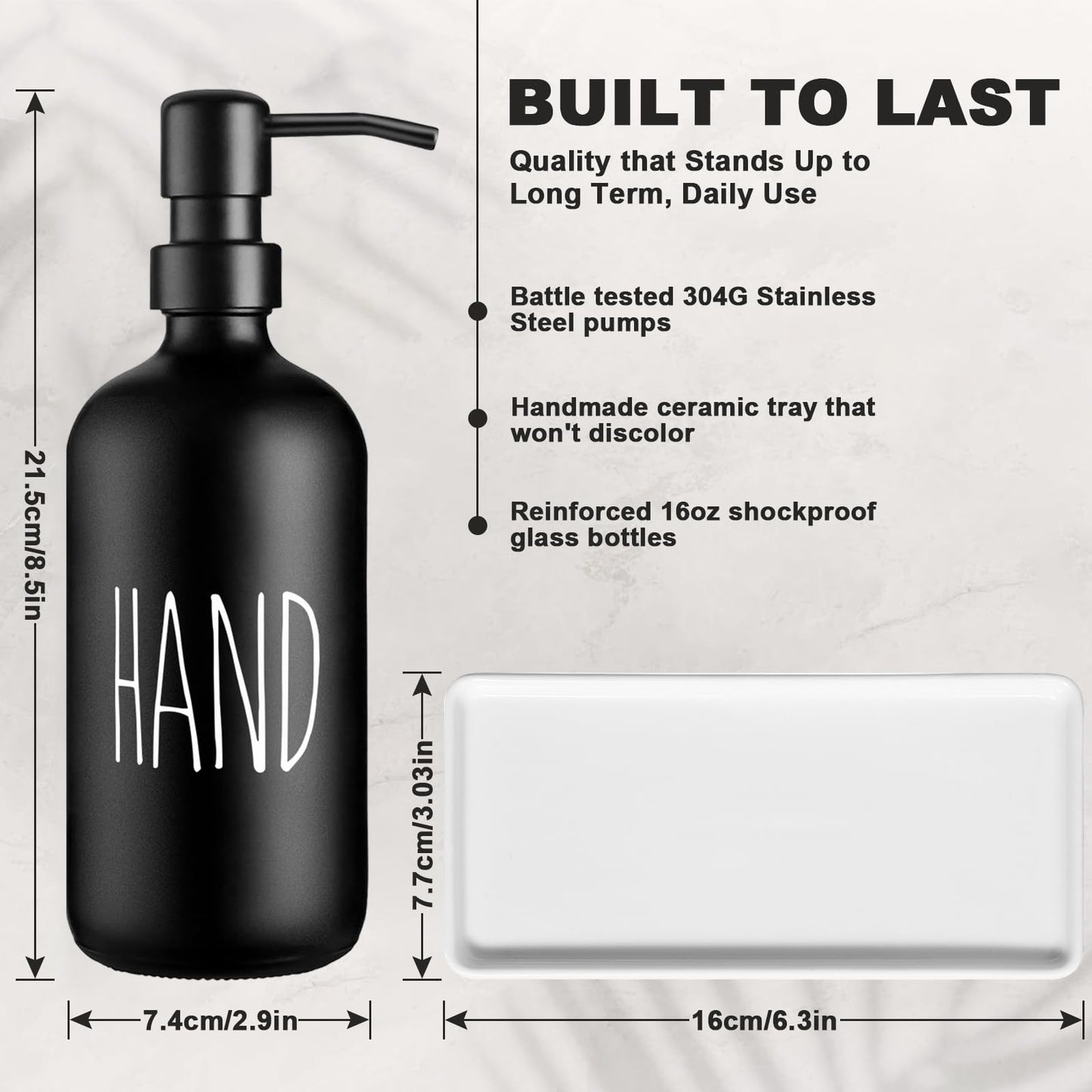 Glass Soap Dispenser Set: Premium 2 Pack Dispenser Bottles with Ceramic Tray 500ML/17oz Farmhouse Soap Lotion Pump Dispensers Refillable Hand Soap