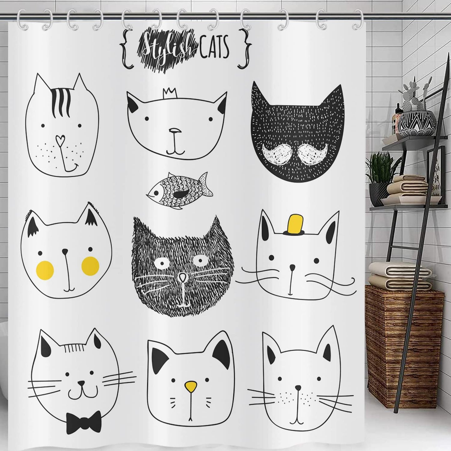 Hnmdmyi Funny Cat Shower Curtain 180x200, Black and White Bathroom Curtains Abstract Moustache Bow Tie Hat Crown Fluffy Kitten and Fish Humor Faces