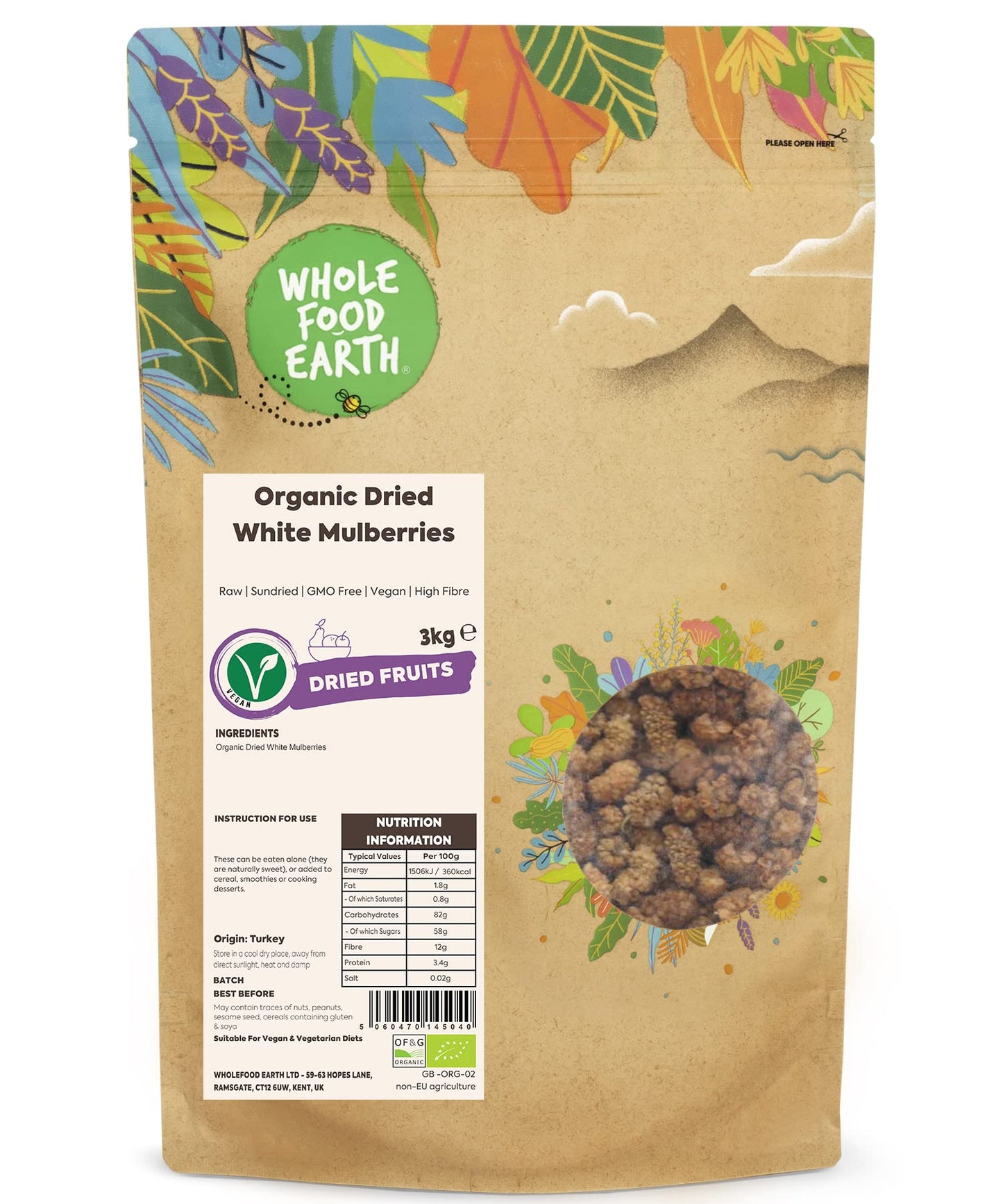 Wholefood Earth Organic Dried White Mulberries ? 3 kg | Raw | Sundried | GMO Free | Vegan | High Fibre | Certified Organic