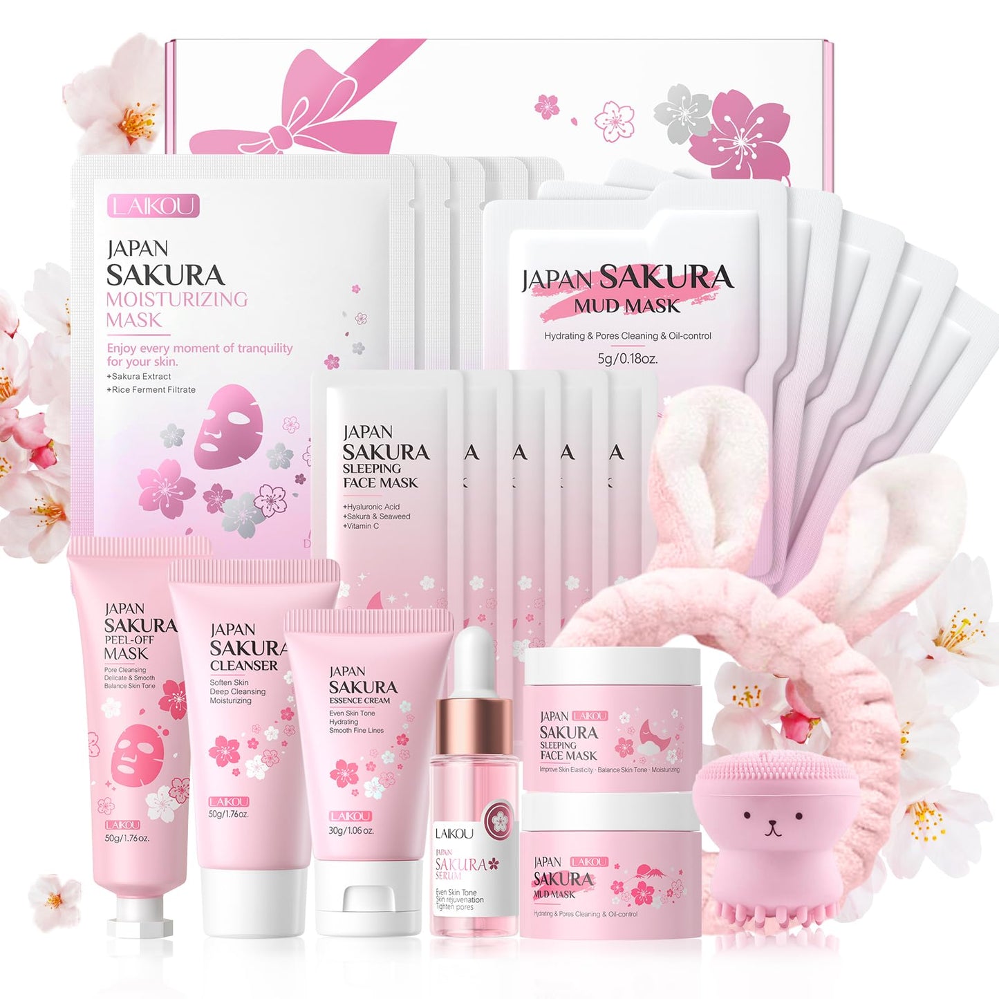 LAIKOU Sakura Face Mask Set, 23 PCS Hydrating & Nourishing Skincare Set with Cleanser,Serum,Cream,Peel-Off,Mud,Sleeping & Sheet Mask,Facial Brush &