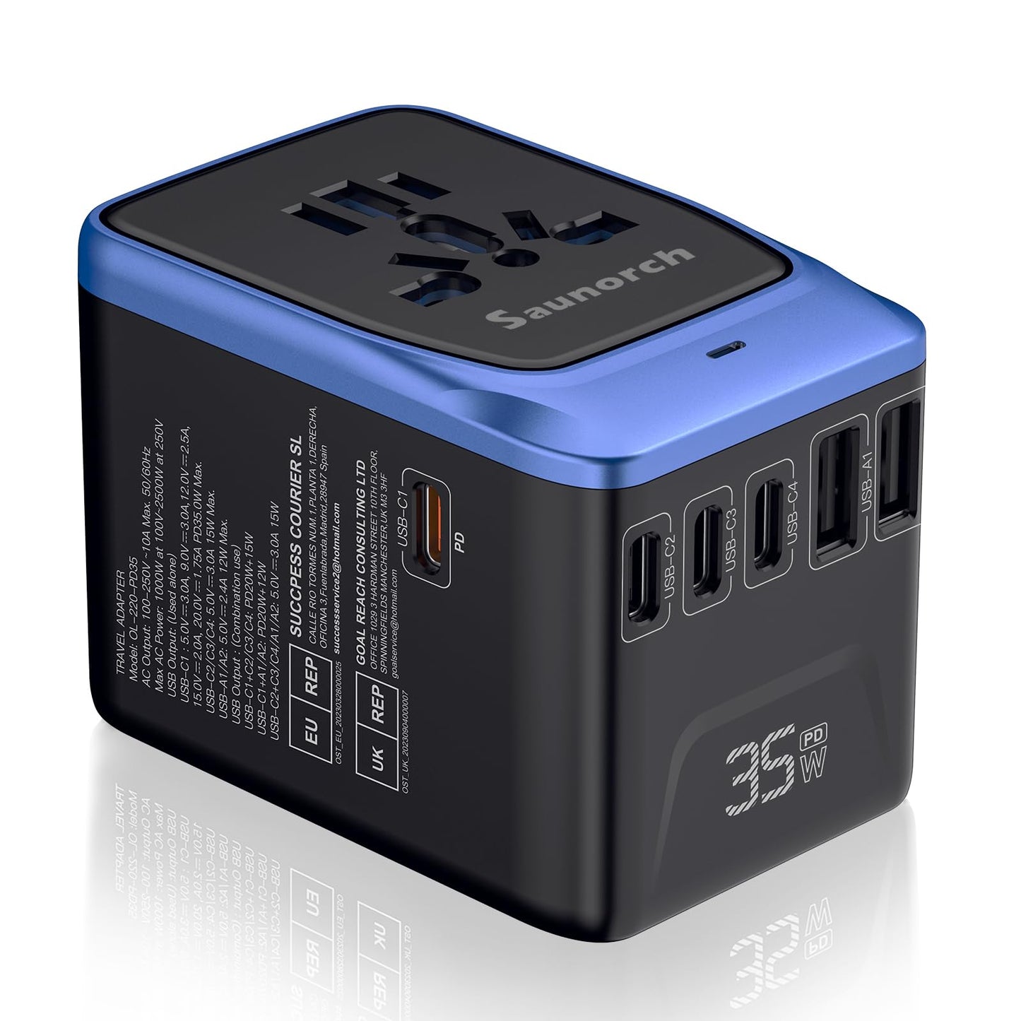 SAUNORCH Universal Travel Adapter, PD 35W 7 in 1 International Power Plug Adapter with 7.0A 4 USB-C and 2 USB-A Fast Wall Charger, Worldwide AC Outlet