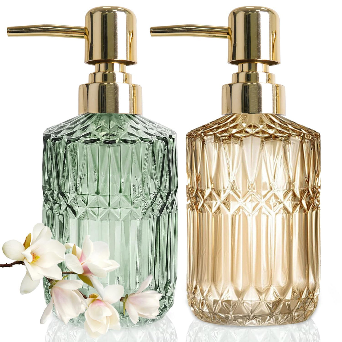 JINYOMFLY Green Glass Soap Dispenser, 12 Oz Vintage Soap Dispenser, 2 Pack Glass Pump Bottle