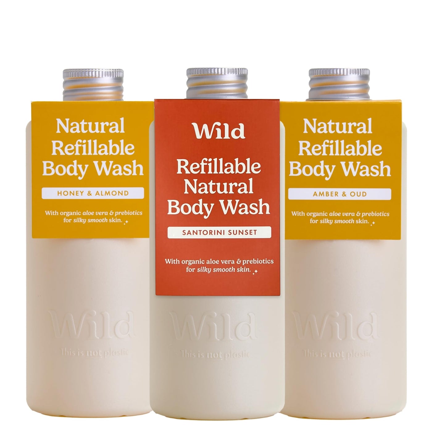 Wild Natural Refillable Body Wash 300ml - 3 Pack of Shower Gel Refills in a Variety of Scents - Includes Honey & Almond, Amber & Oud and Santorini