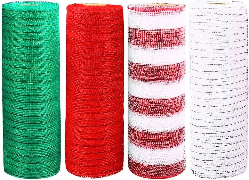 KAHEIGN 4Pcs Christmas Deco Mesh Rolls, 26cm x 9.14m Metallic Foil Poly Mesh Poly Mesh Ribbon Roll Deco Mesh for DIY Bows, Fall Decor, Swag, Garland,