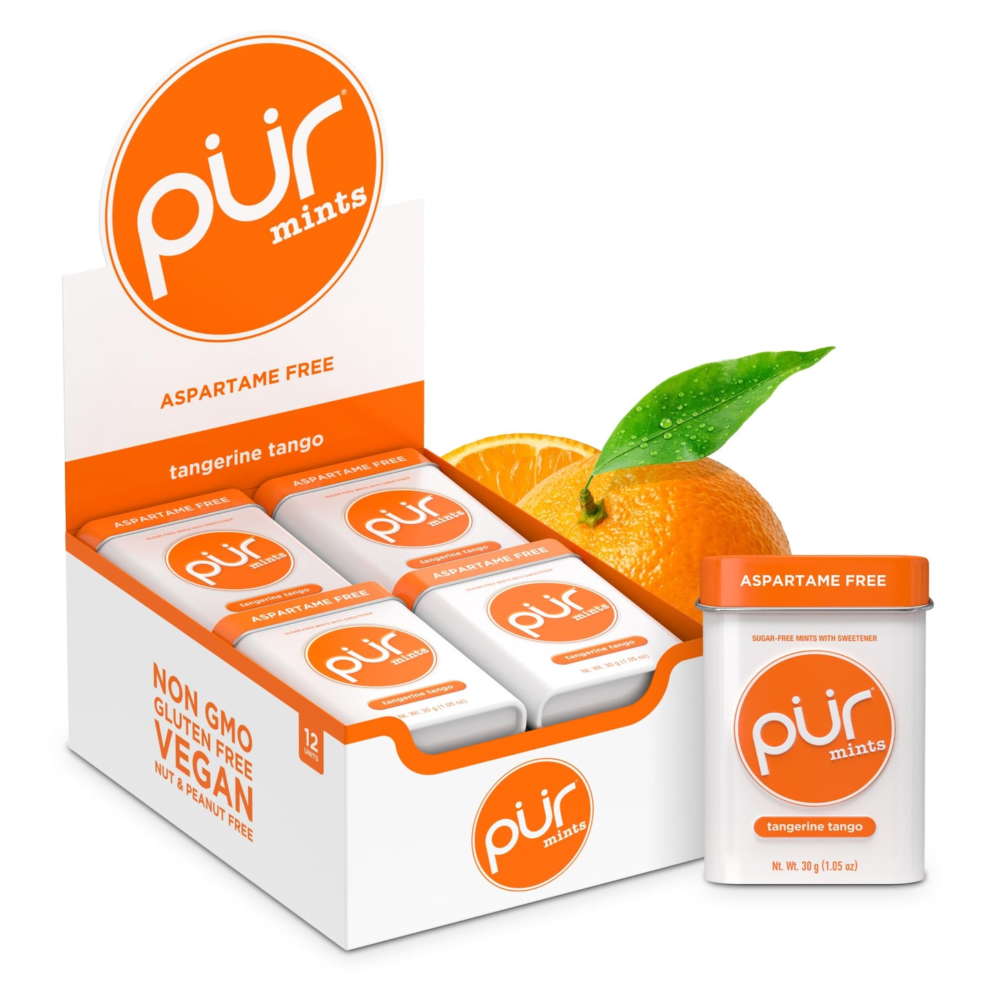 PUR Mints Aspartame Free, Made with Xylitol, Sugar Free, Vegan, Gluten Free and Keto Friendly, Natural Tangerine Tango Flavoured Mints, 30 Pieces,