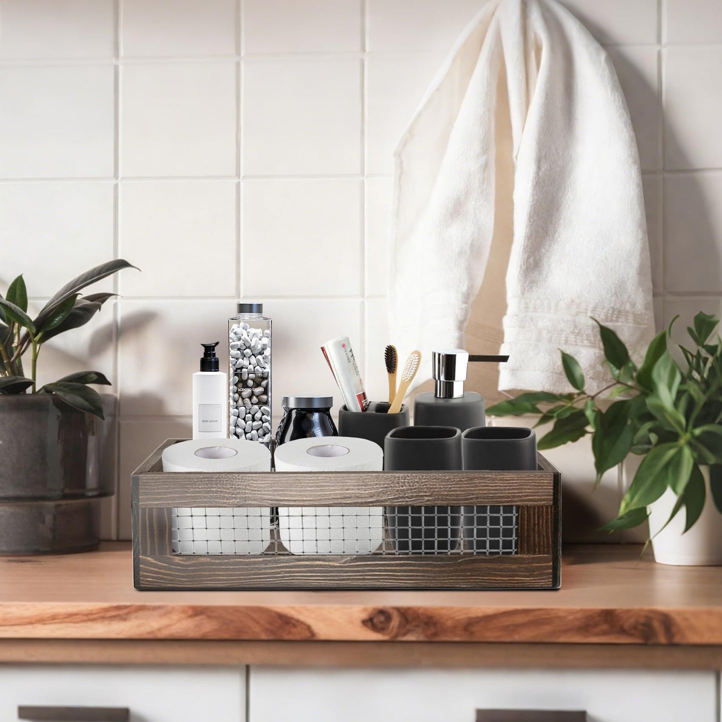 Nagoyuki Set of 3 Wooden Rustic Nesting Boxes, 3 Size Wooden Storage Box with Handle and Metal Wire, Wood Wire Containers with Handle for Countertop