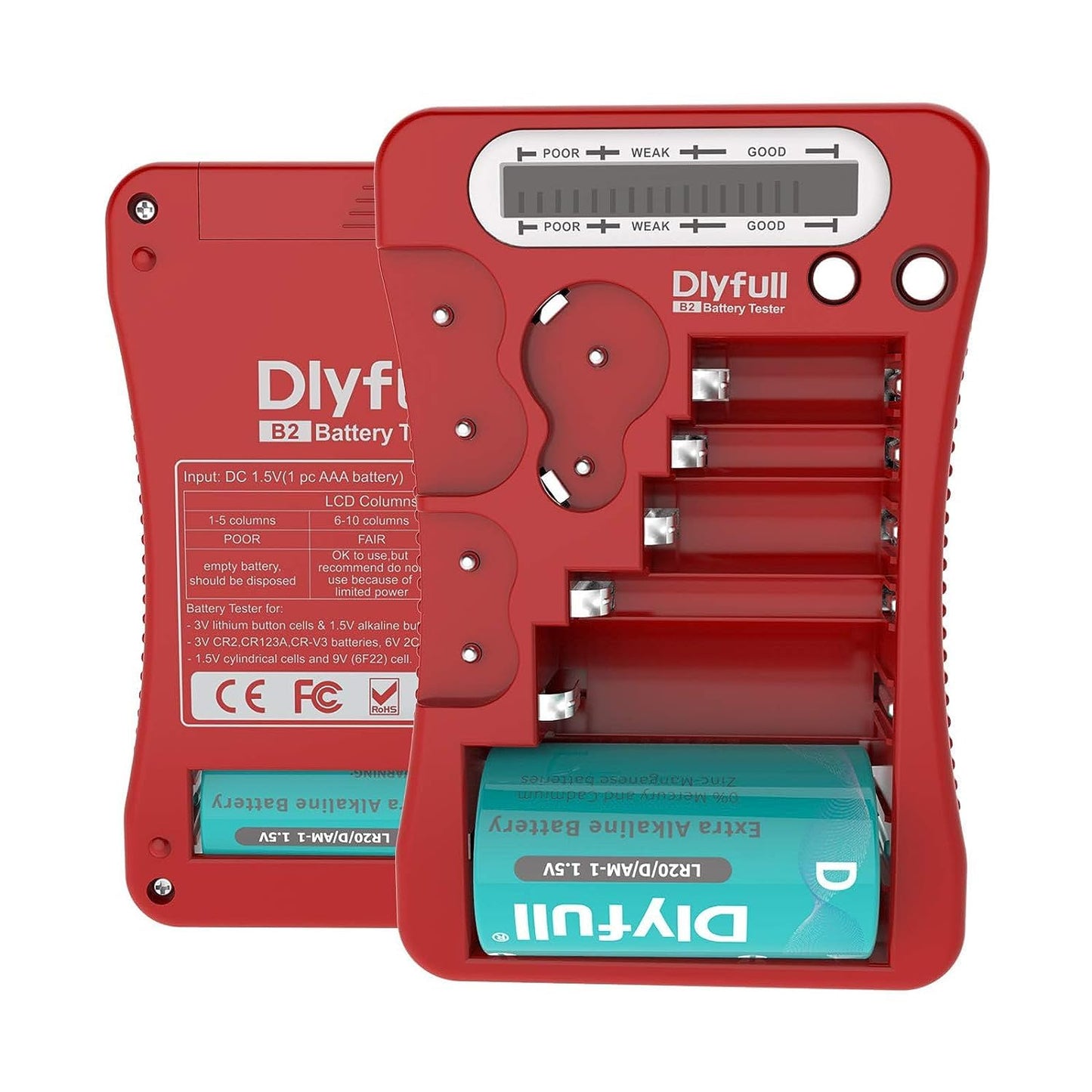 Dlyfull Battery Tester, LCD Display Universal Battery Checker for AA AAA C D 9V CR2032 CR123A CR2 CRV3 2CR5 CRP2 1.5V/3V Button Cell Batteries, 1x AAA