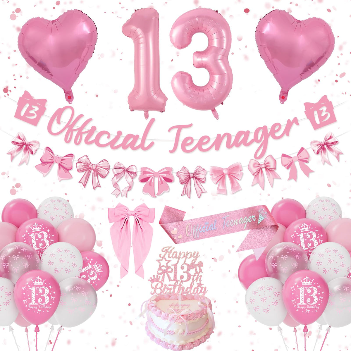 13th Birthday Decorations Girls, Pink Official Teenager Set Happy 13th Birthday Banner Bunting, Bow Pink White Balloons, Number 13 Heart Foilballoons,