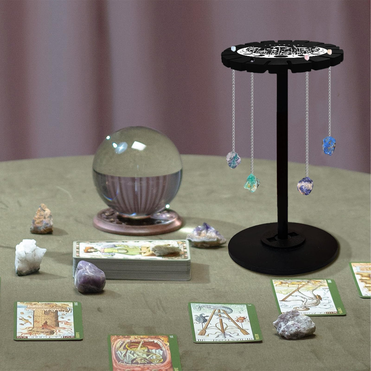 CHGCRAFT Moon Flower Crystal Shelf Display Stand with Hand Moon Witch Stuff Wooden Pendulum Holder for Crystal Essential Oil