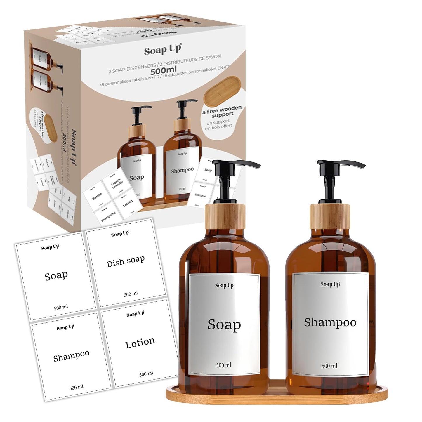 2 x 50 cl Dispensers for Soap, Shampoo, Washing-up Liquid | Bamboo Stand, Funnel & Custom Labels | Practical Kitchen & Bathroom Accessories |