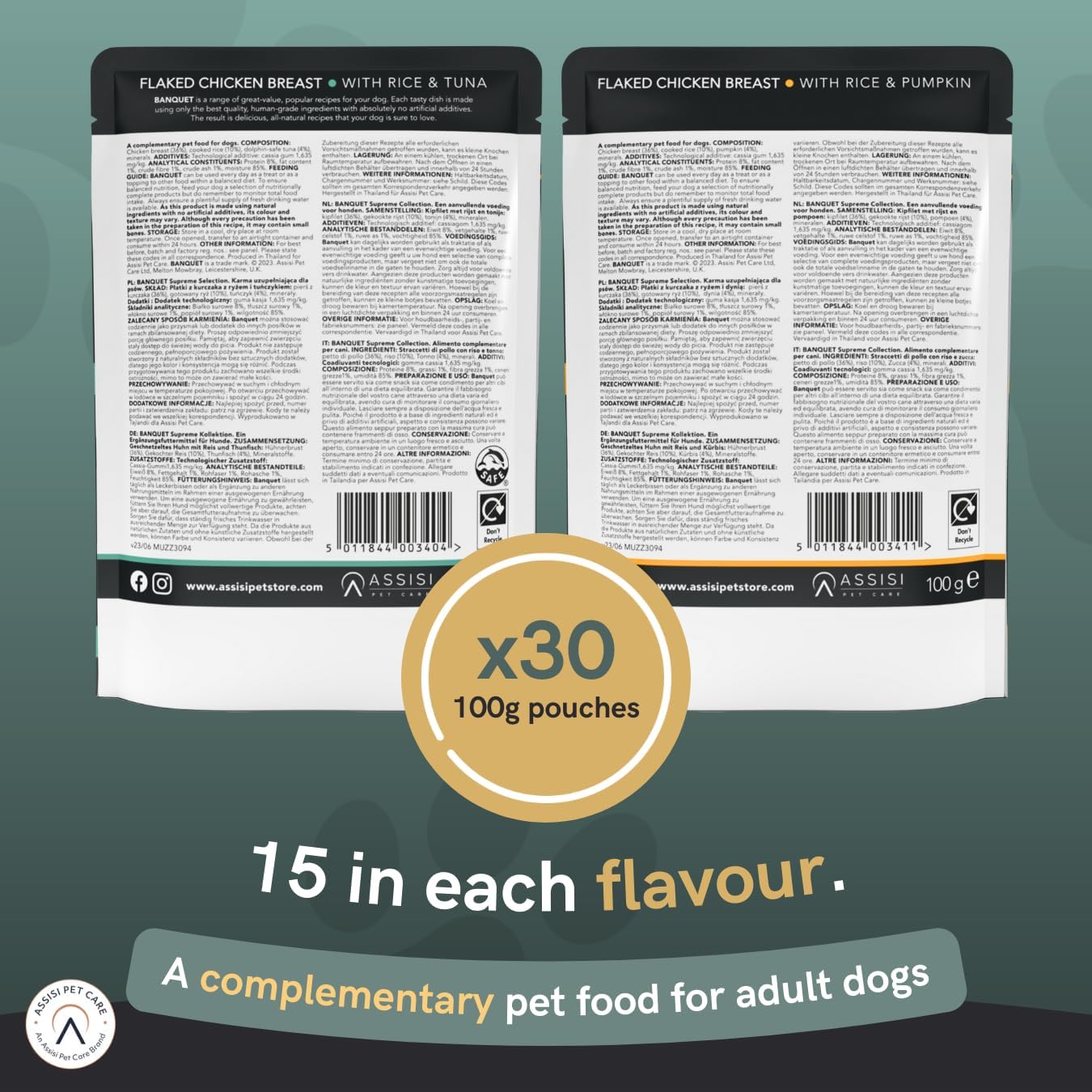 Banquet Adult Wet Dog Food, Flaked Chicken Breast with Rice & Tuna / Flaked Chicken Breast with Rice & Pumpkin, 100% Natural Ingredients (30 Pouches x 100g)