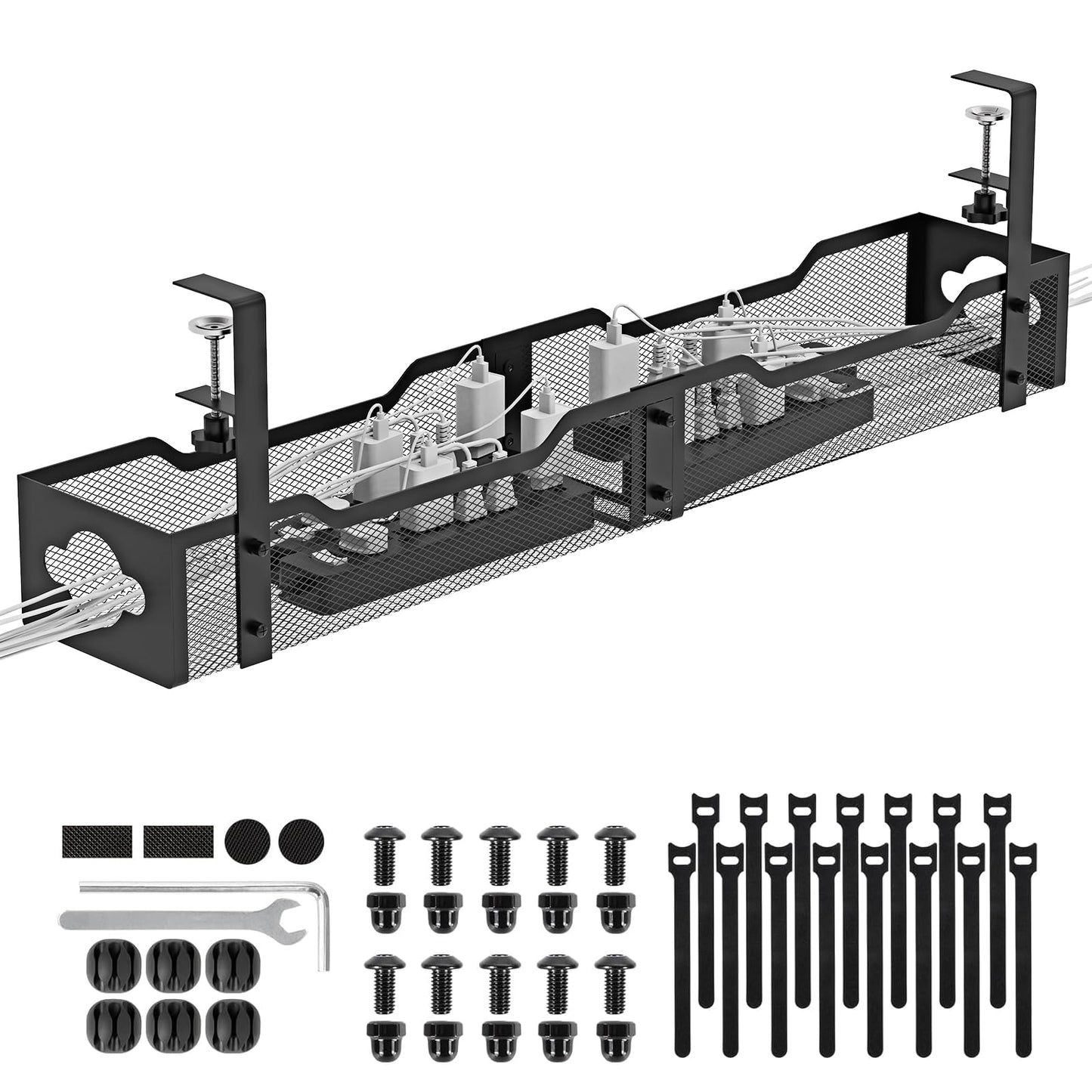 Under Desk Cable Management Tray, No Drill Cable Management Mesh Wire Organizer Side Opening Design for Home, Office, Internet Cafe, Kitchen (Black, 1