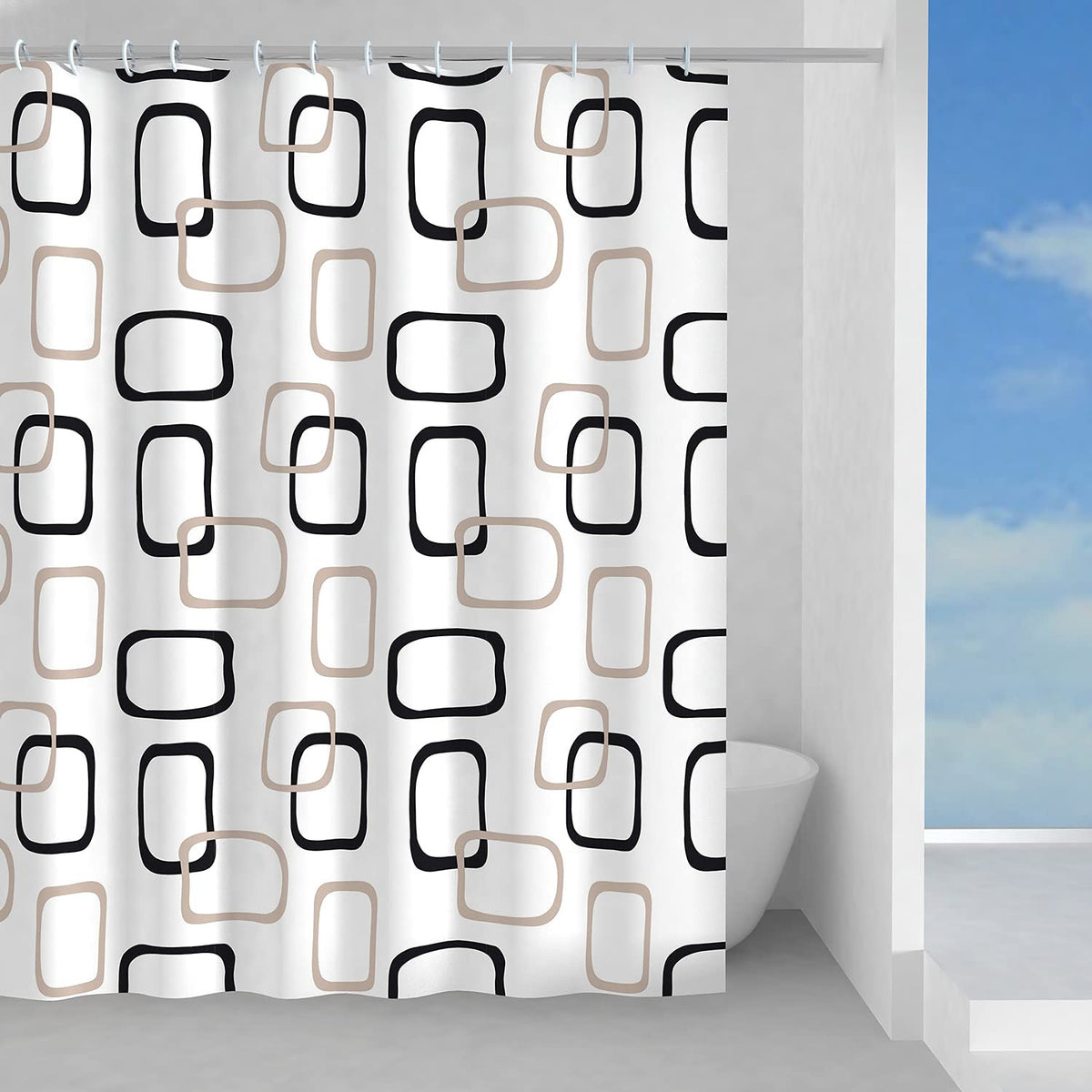 Gedy G-Piper Shower Curtain, 180 x 200 cm, Made of PES, 100% Waterproof, Beige and Black Finish, R&S Design, Shower Curtain with 12 Rings, 2 Year